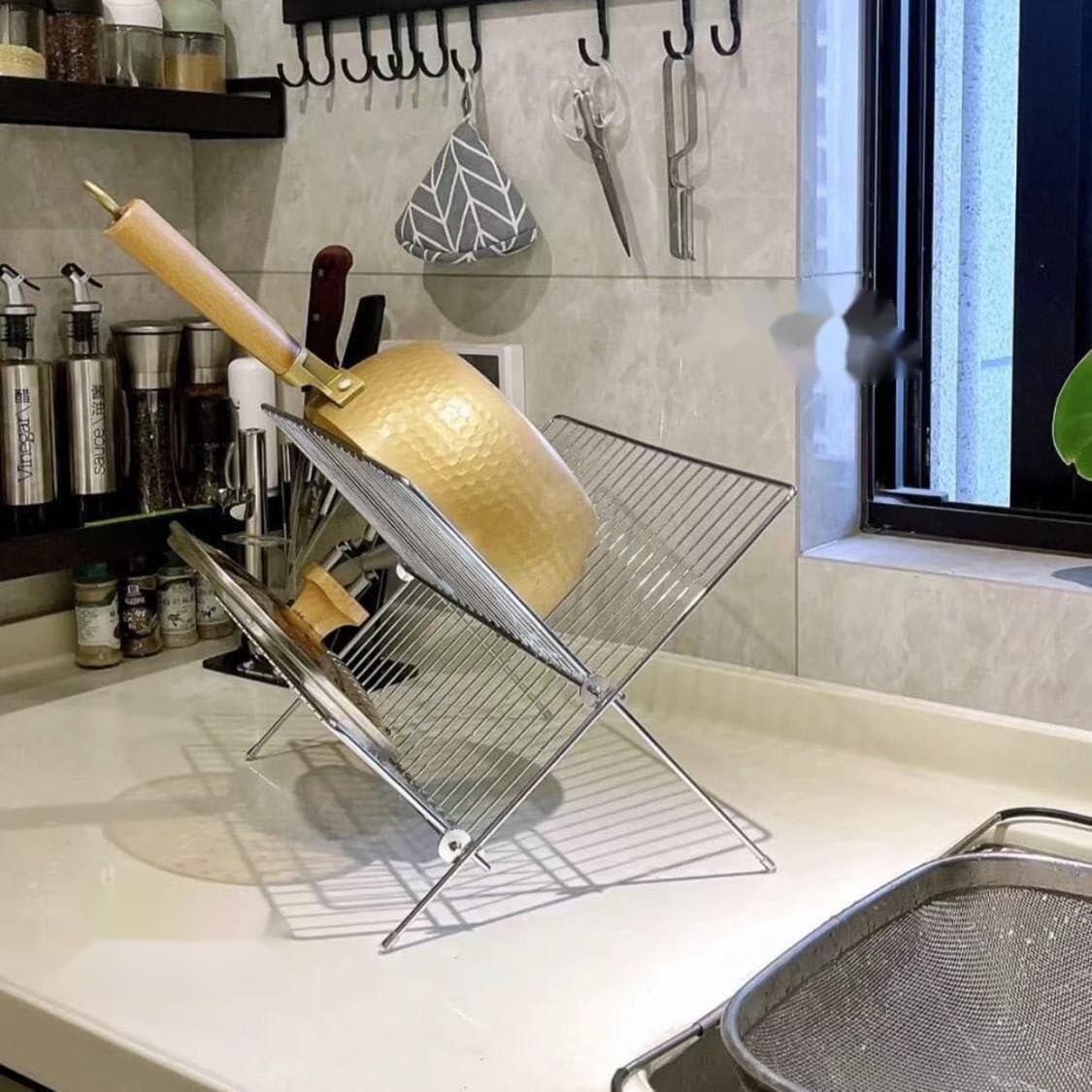 Super Quality Metal Kitchen Drain Rack X-Shape 2 Tier Foldable Dish Drying Rack with Draining Tray for Kitchen Countertop manufacture