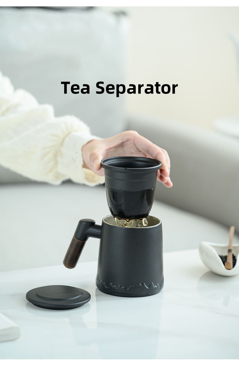 Custom Business Gifts Tea Cups Wood Handgrip Ceramic Mug Set with Lid Tea Infuser & Tea Can for Office Festival Party Presents manufacture