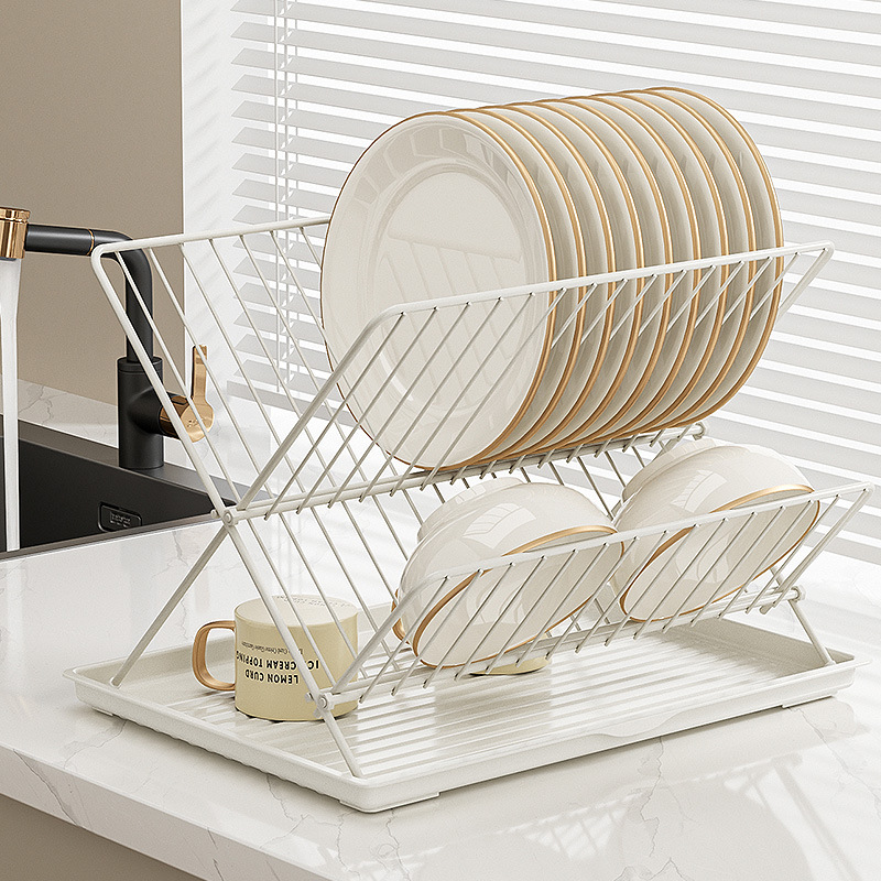 Super Quality Metal Kitchen Drain Rack X-Shape 2 Tier Foldable Dish Drying Rack with Draining Tray for Kitchen Countertop manufacture