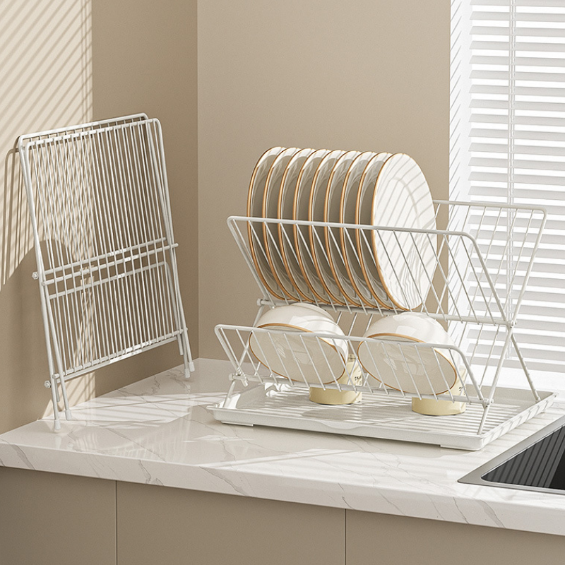 Super Quality Metal Kitchen Drain Rack X-Shape 2 Tier Foldable Dish Drying Rack with Draining Tray for Kitchen Countertop details