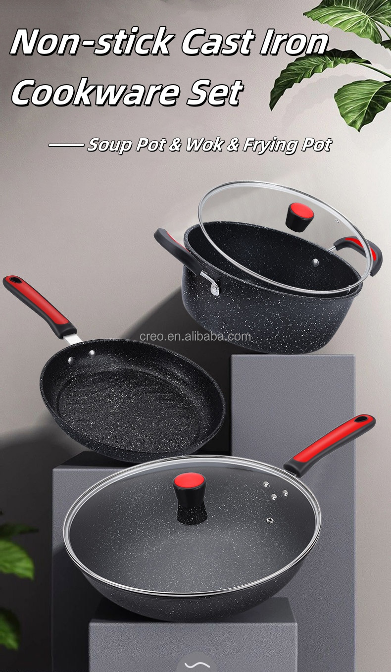 Upgraded 3-Pack Non-stick Cast Iron Pots Kitchen Cookware Set with Anti-scald Handle & Glass Cover Soup Pot Skillets Wok supplier