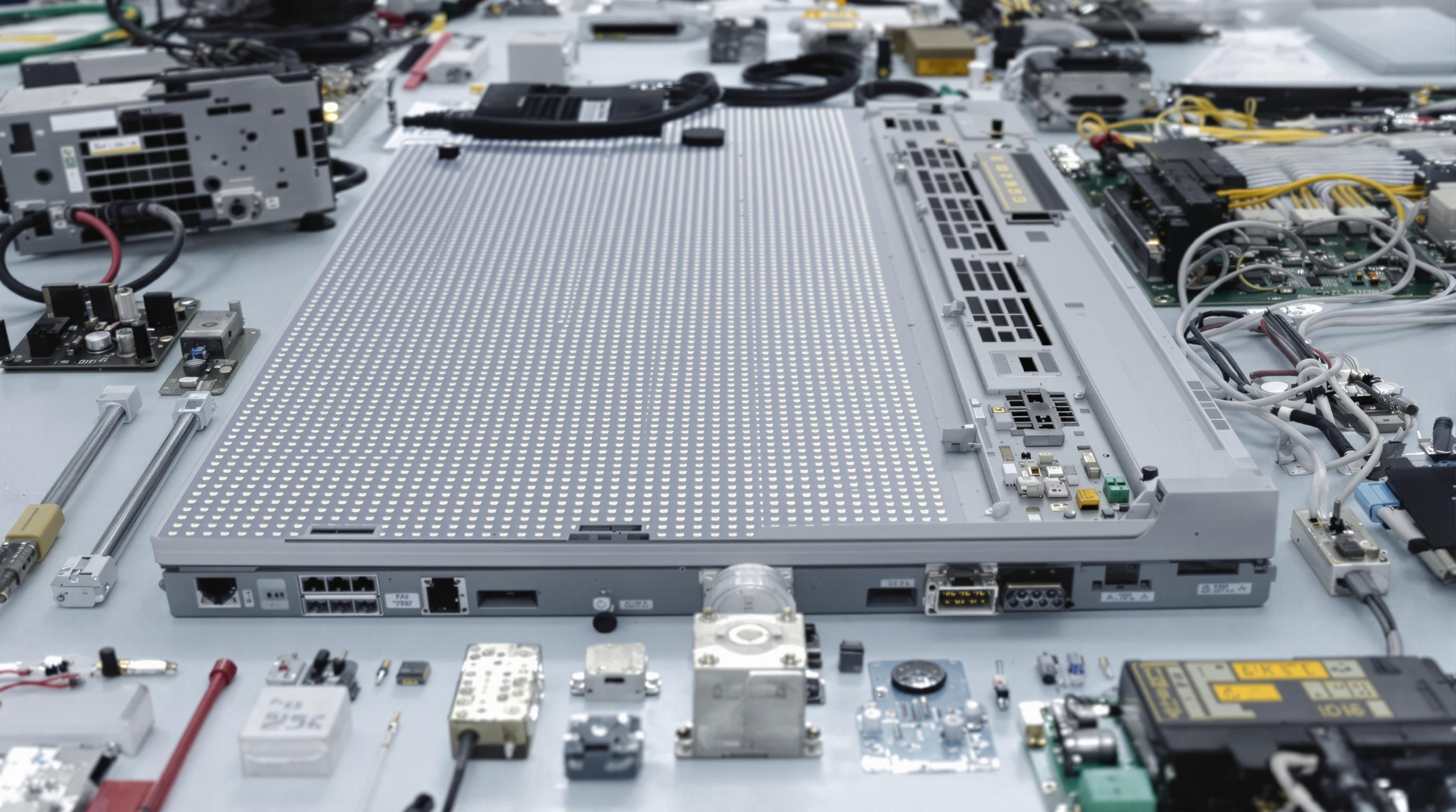 Close-up photo of various LED billboard components on a worktable, highlighting premium and standard hardware
