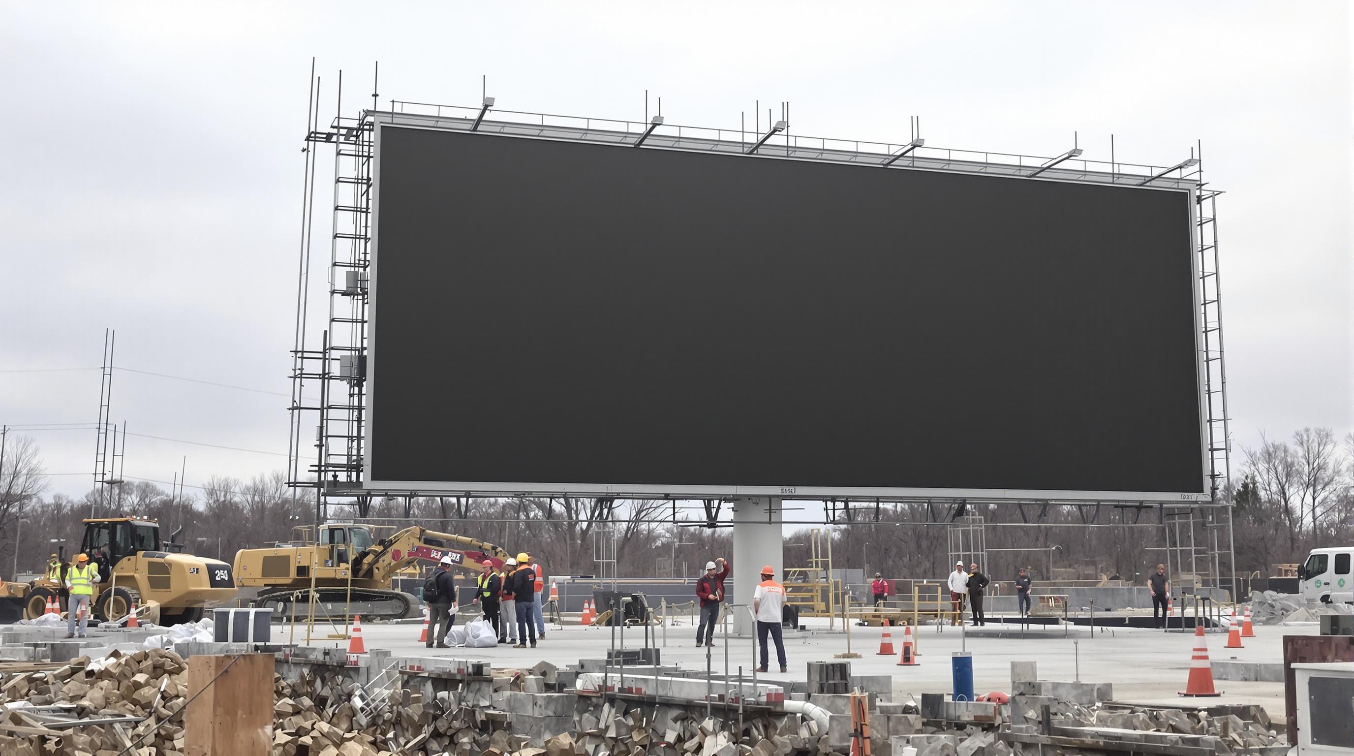 Photo of workers and machines installing a large digital billboard, with visible foundation and terrain challenges