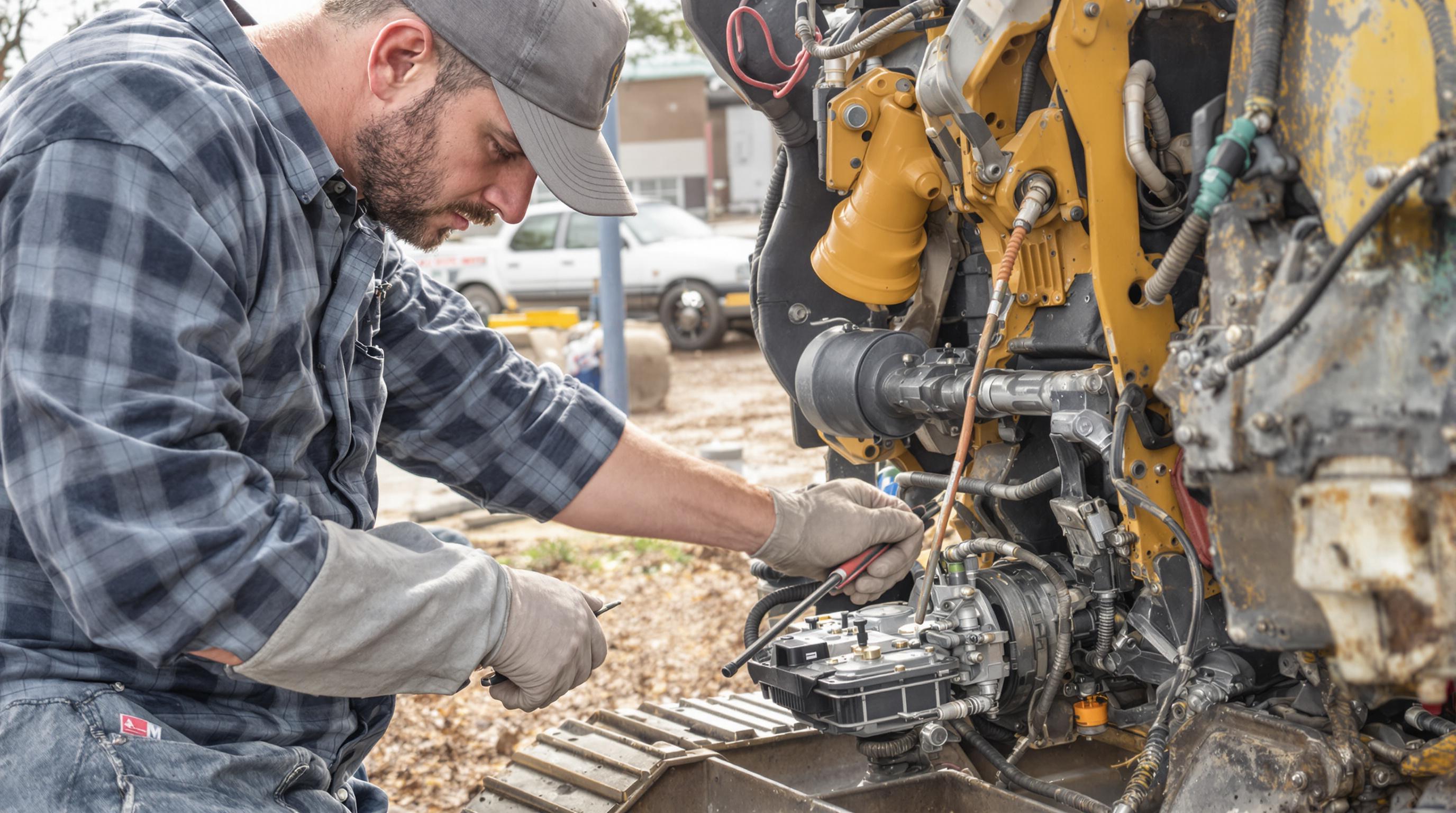 Operator inspecting a mini excavator engine and undercarriage before starting work