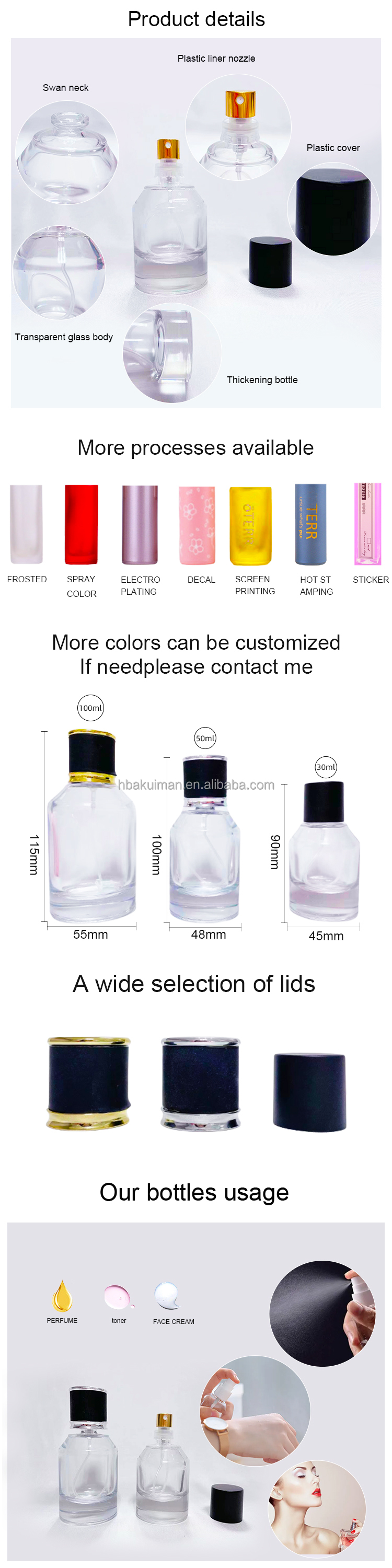 Available in Multiple Colors 30ml 50ml 100ml Spray Bottles Pump Sprayer and Cap Refillable Perfume Glass for Cosmetic Use factory