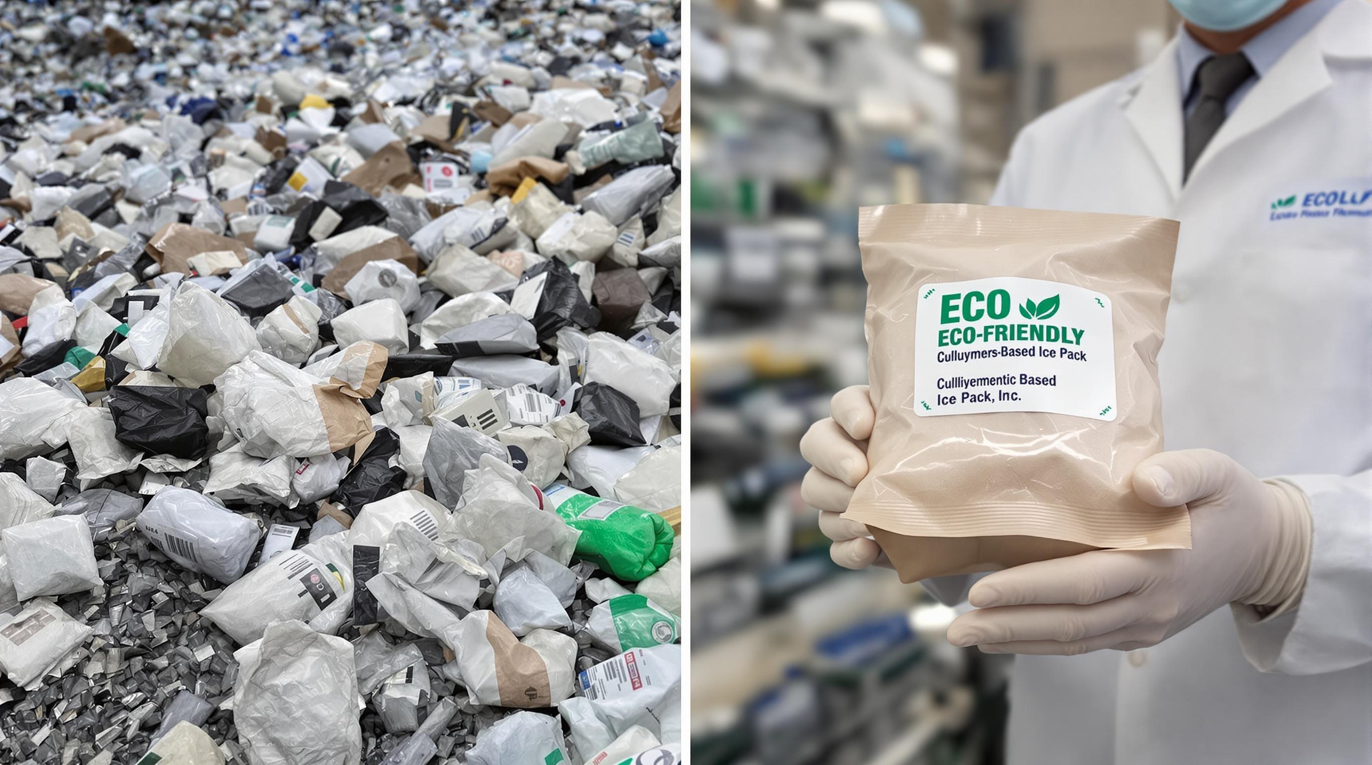 Photo of landfill with discarded ice bags and a technician displaying eco-friendly alternative ice packs