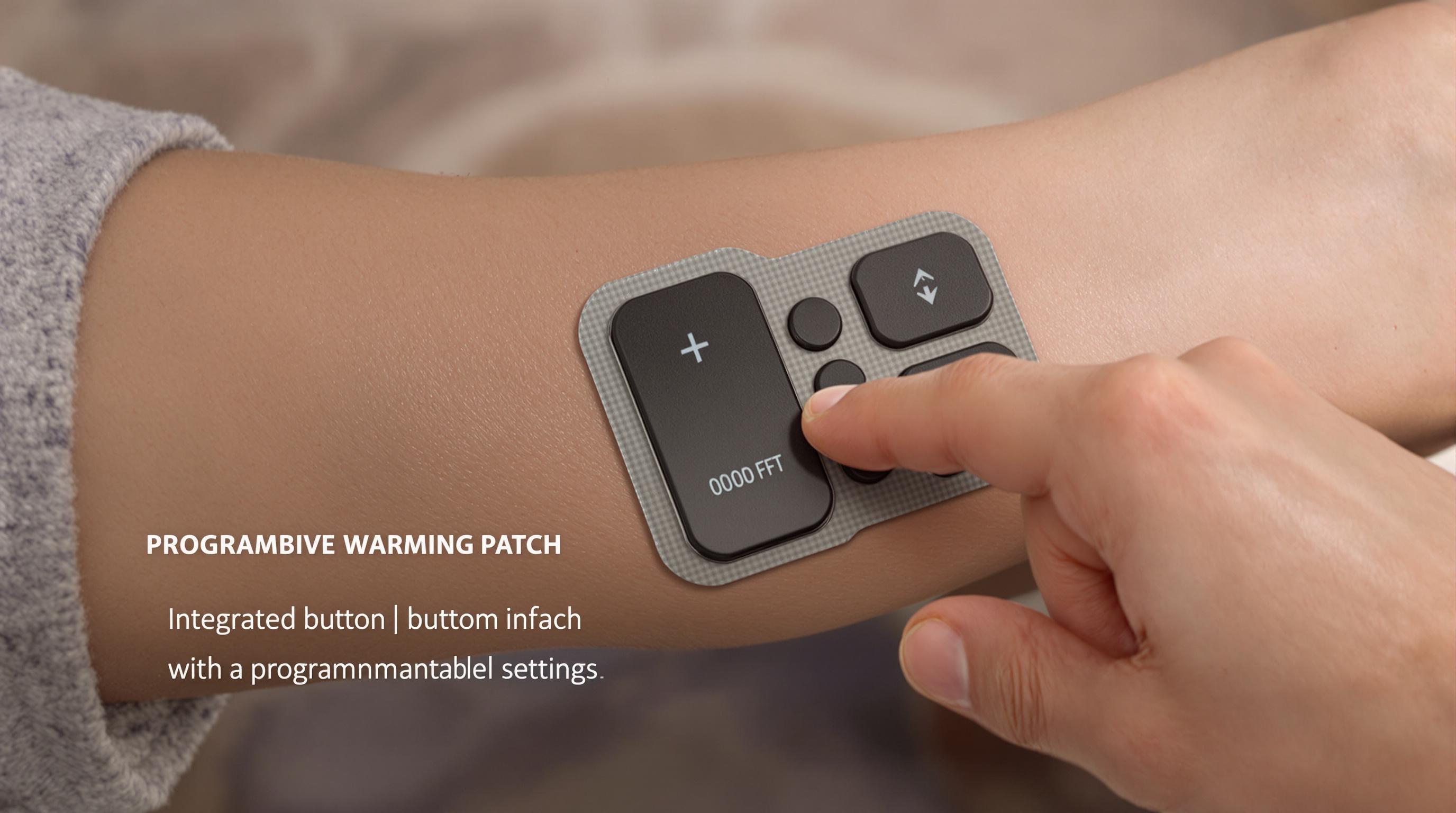 User adjusting programmable settings on a modern warming patch applied to the forearm