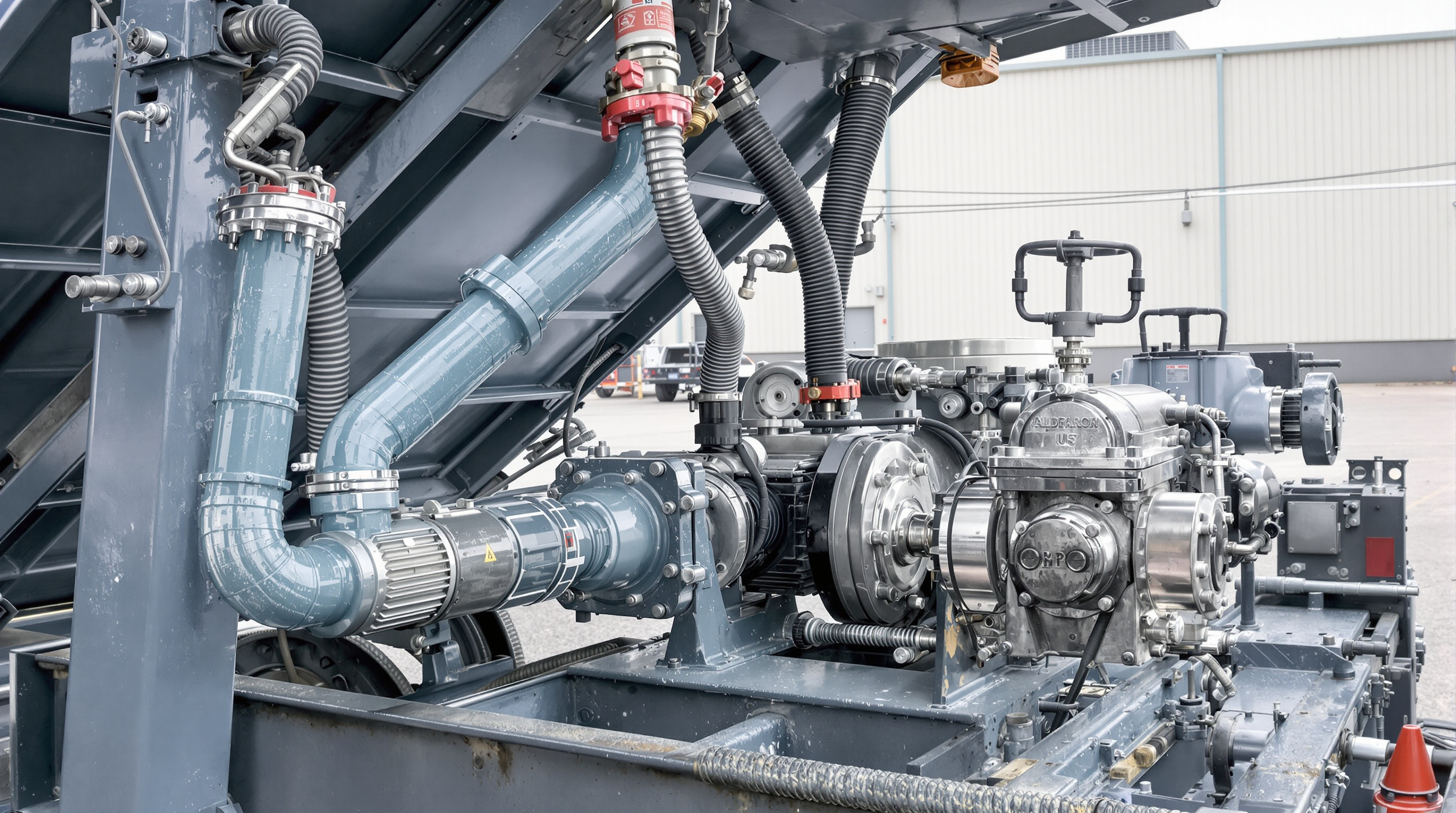 Dump trailer hydraulic system lifting bed, hoses and cylinder in operation