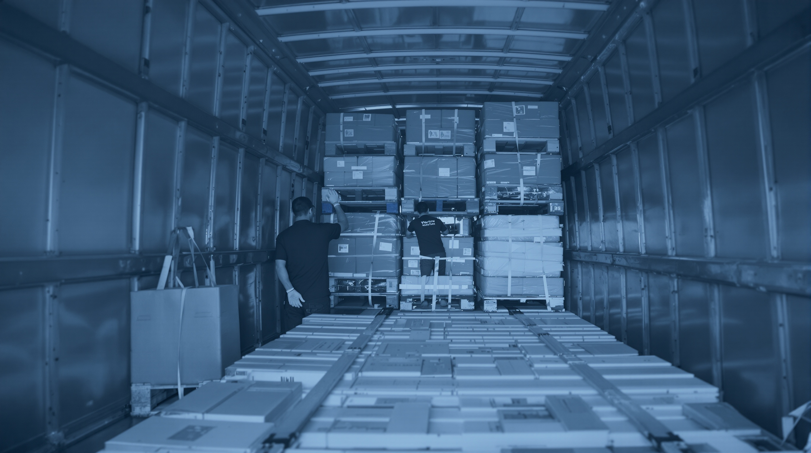 Workers stacking pallets in organized lanes and securing cargo inside a van trailer