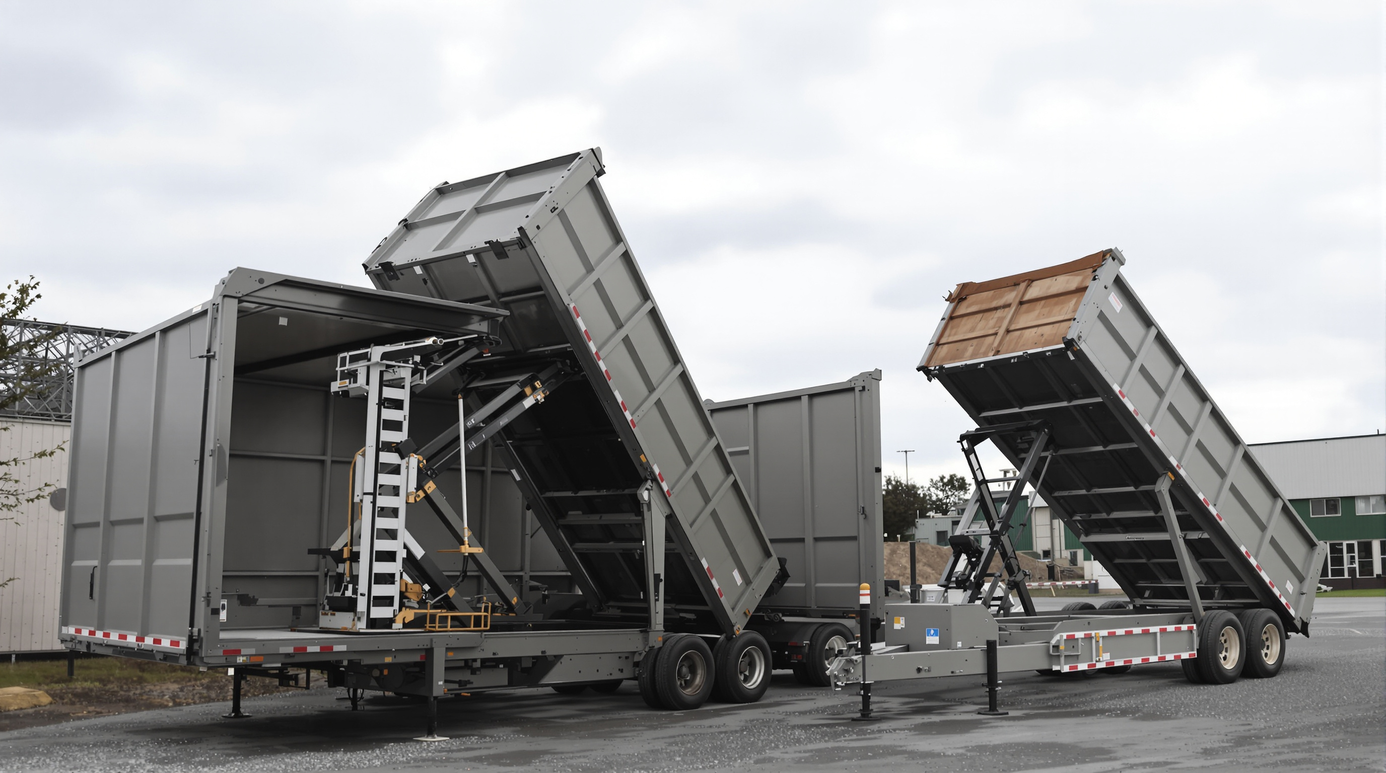 Comparison of scissor and telescopic hydraulic lift mechanisms on two dump trailers in operation