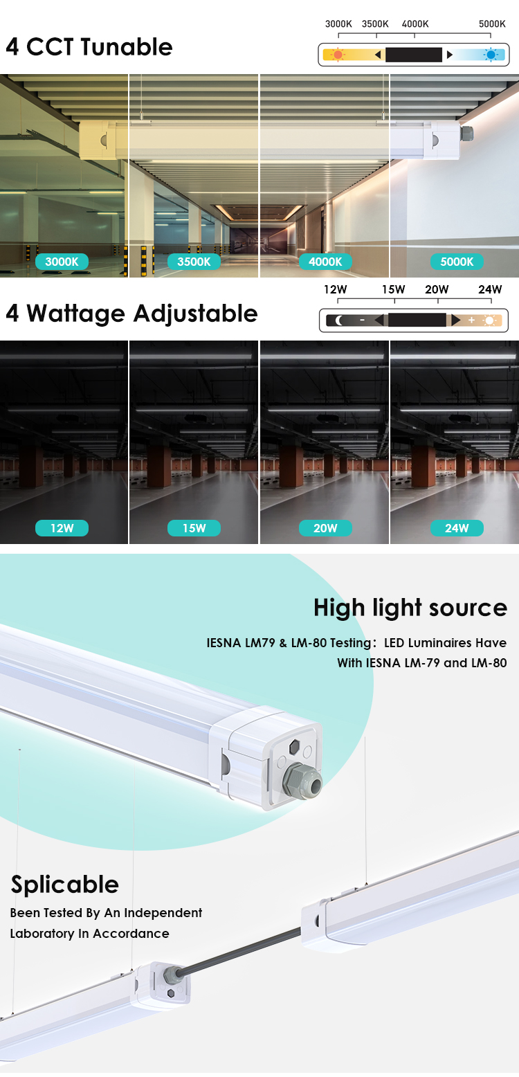 Wholesale Stainless Steel Indoor CCT Changeable Ceiling Mount LED Batten Tri-proof Light Fixture details