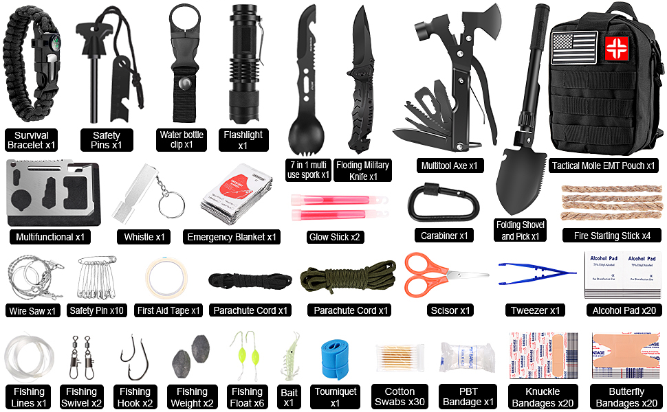 142 in 1 Hiking Emergency Survival Tool Travel Rescue Bag Camping Equipment Survival Outdoor Professional Survival Gear Kit manufacture
