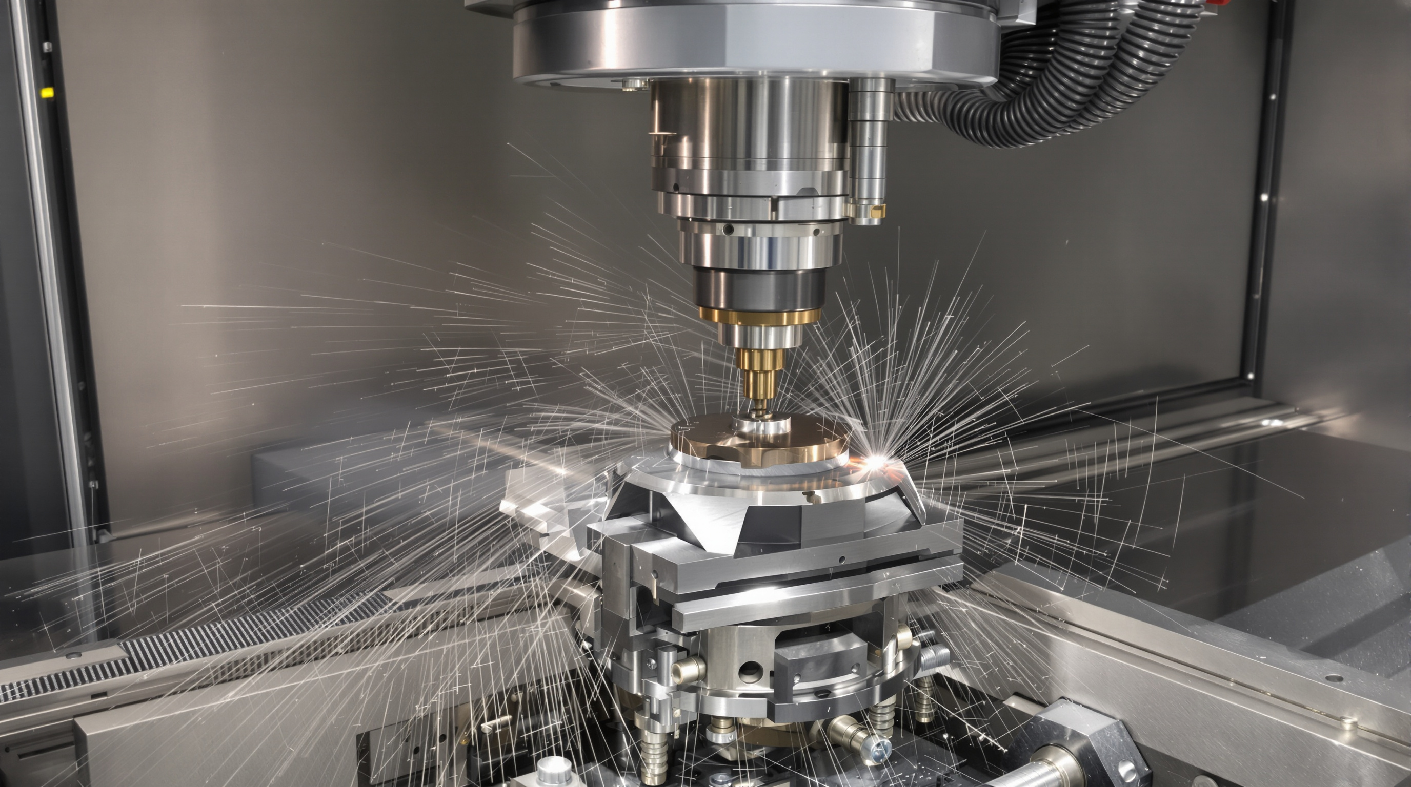 5-axis CNC mill performing simultaneous linear and rotational movements while machining a complex metal part