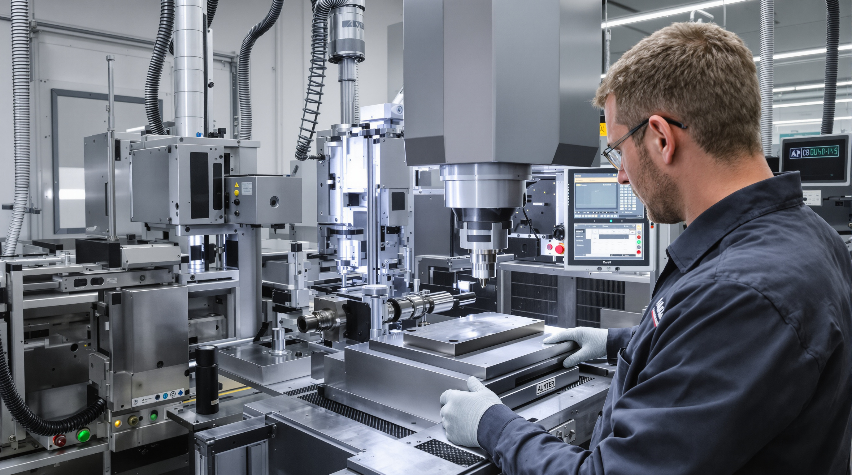 Technician operating CMM in a quality control lab inspecting a machined component