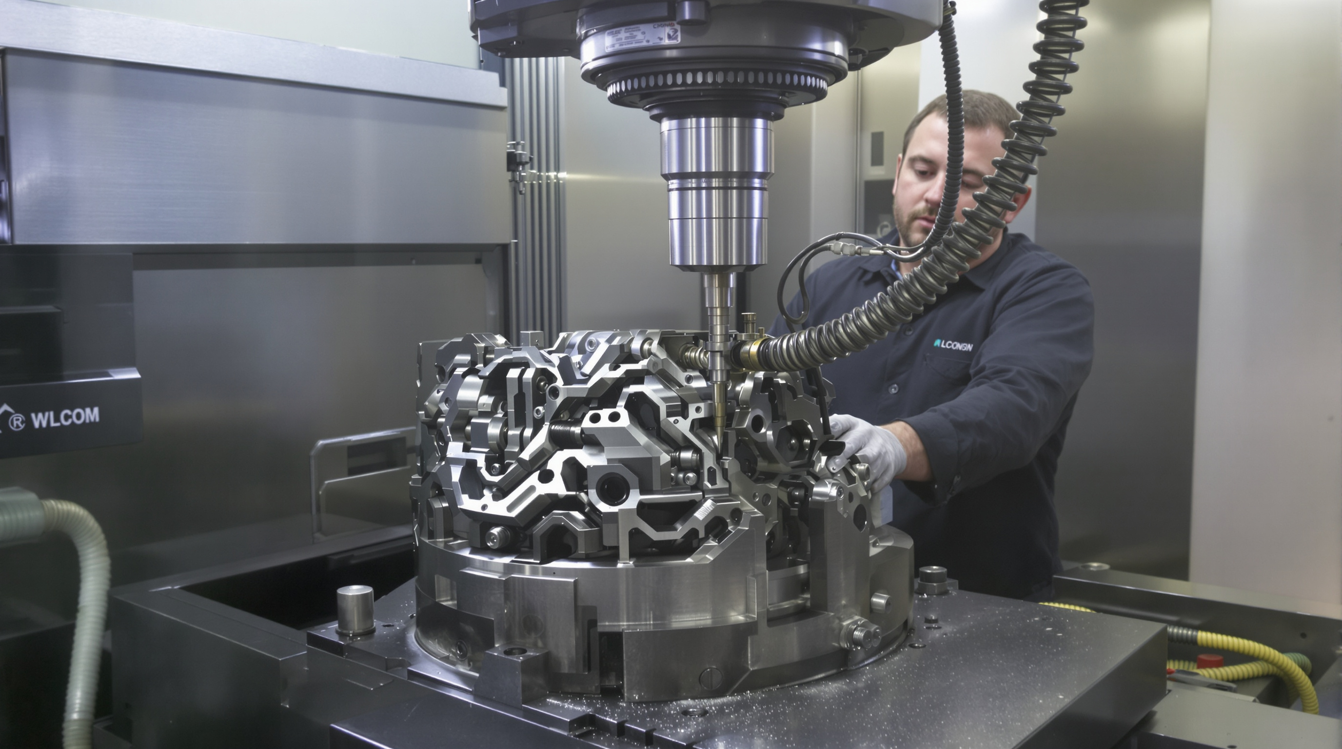 5-axis milling machine working on a complex metal part with an operator beside it