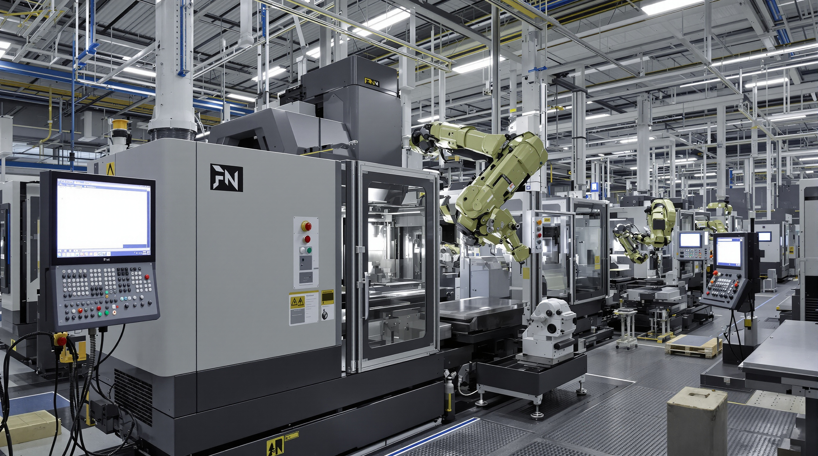 Modern CNC machining facility with advanced automated machines and robotic arms at work