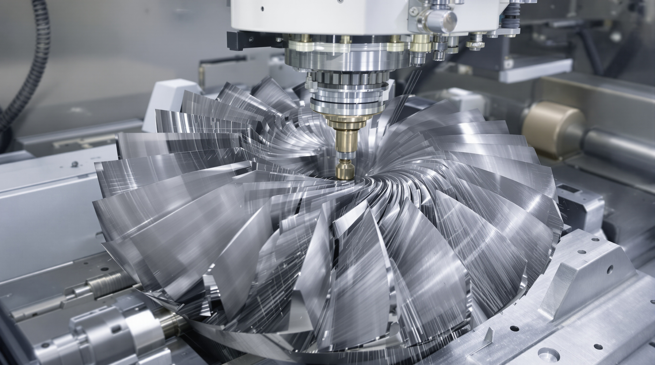 A 5-axis CNC machine precisely milling a complex turbine blade with curved surfaces and intricate features