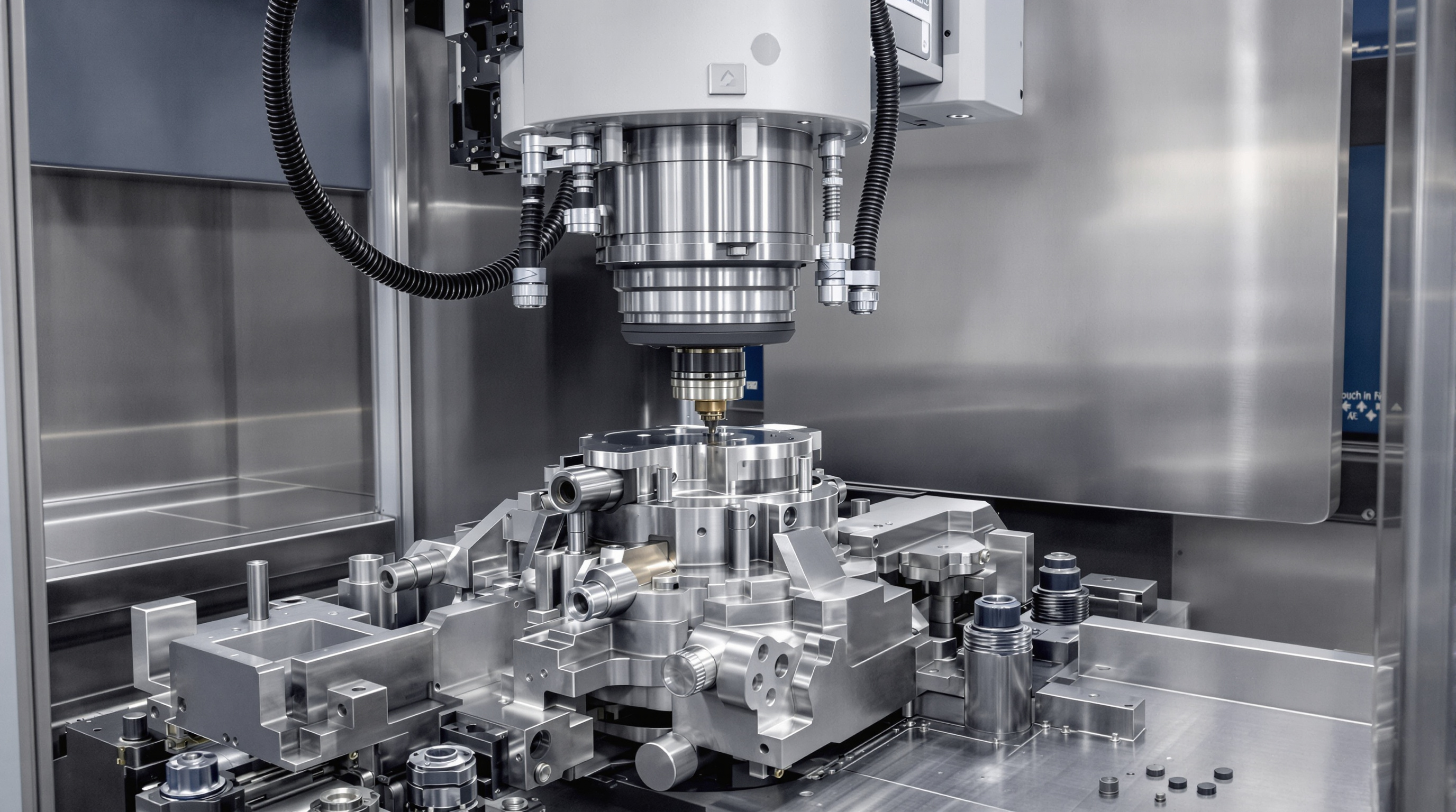 A 5-axis CNC machine precisely machining a complex metal component in a factory.