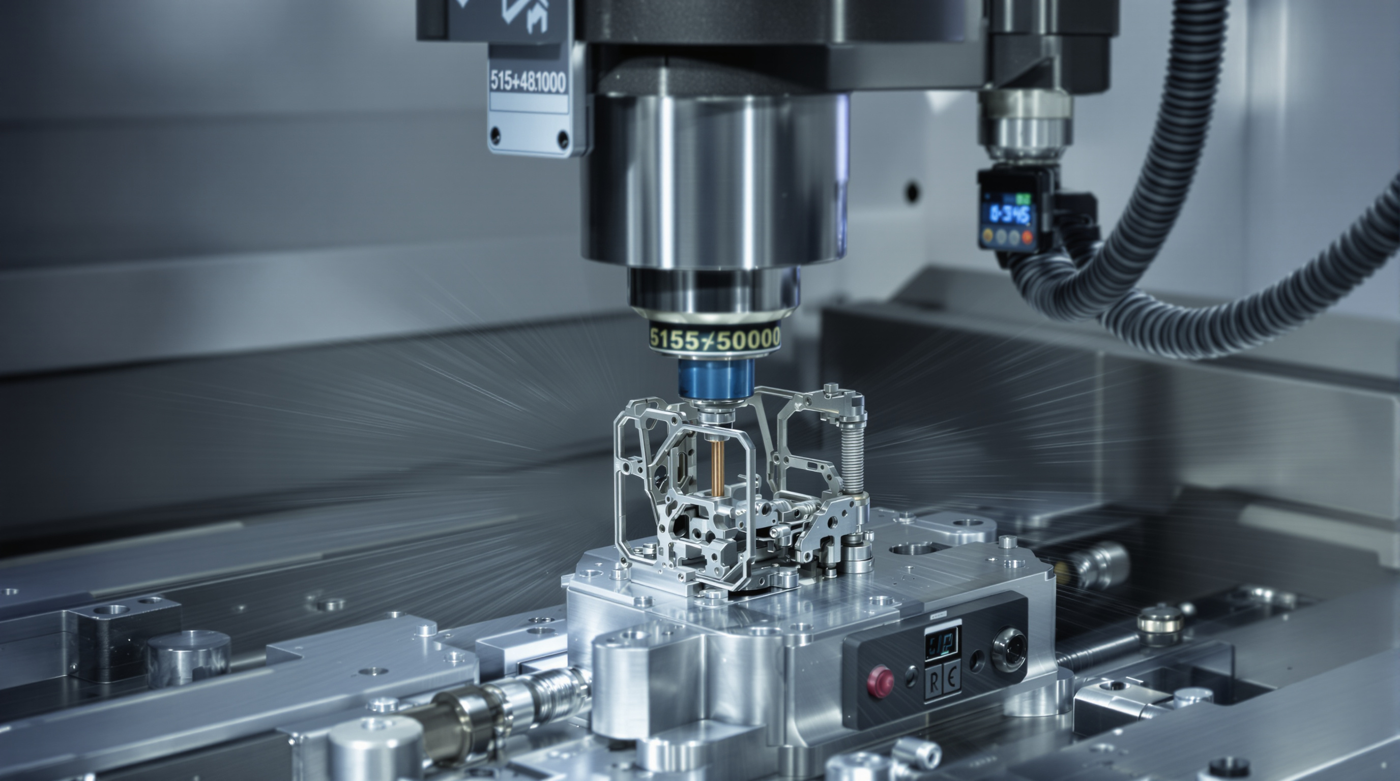 5 axis CNC machine precisely machining a detailed metal part, showcasing multiple axes in simultaneous motion