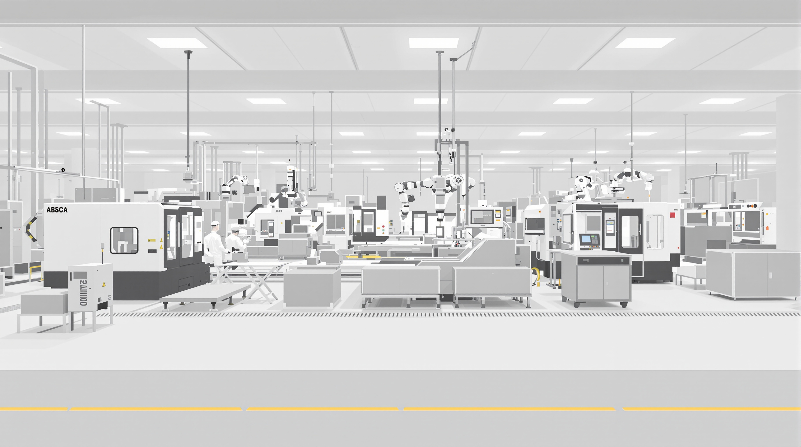 Automated factory floor with several advanced CNC machines and robotic arms handling metal parts.