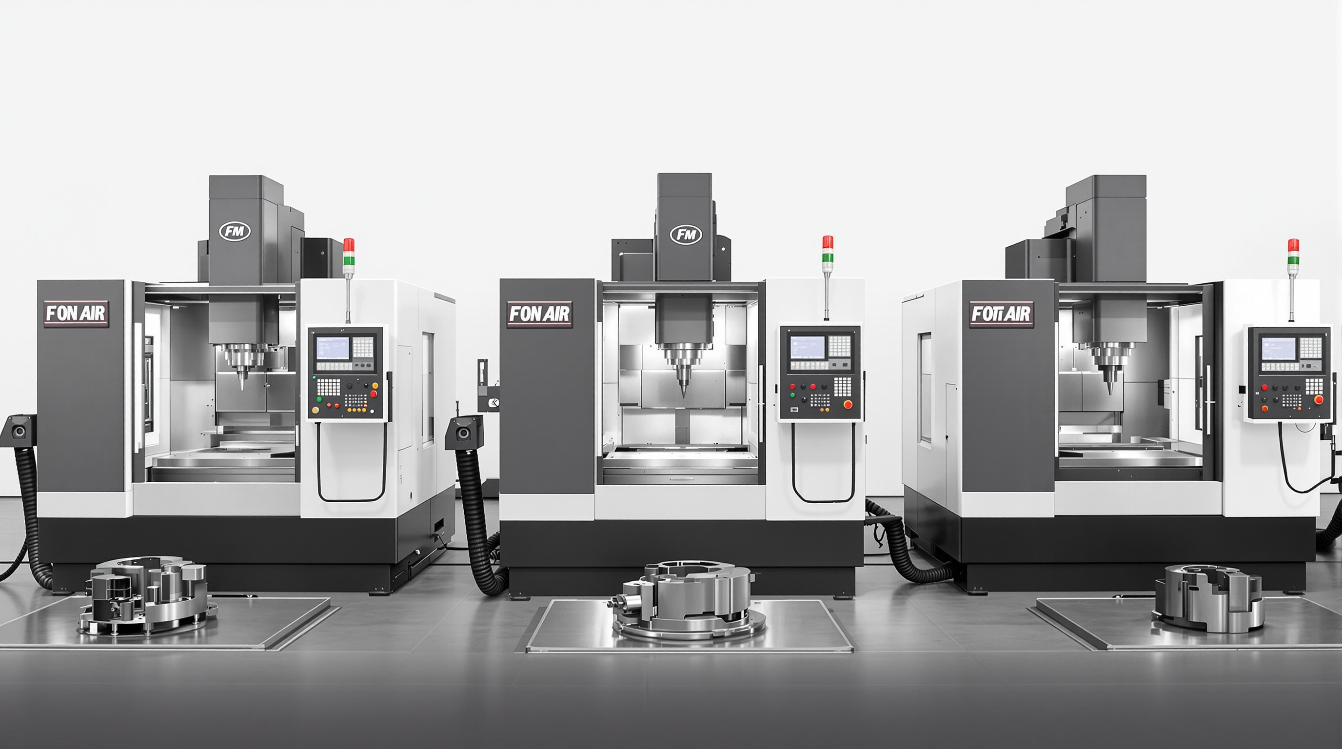 Three types of 5-axis CNC machines—rotating head, rotary table, and hybrid—displayed in a factory
