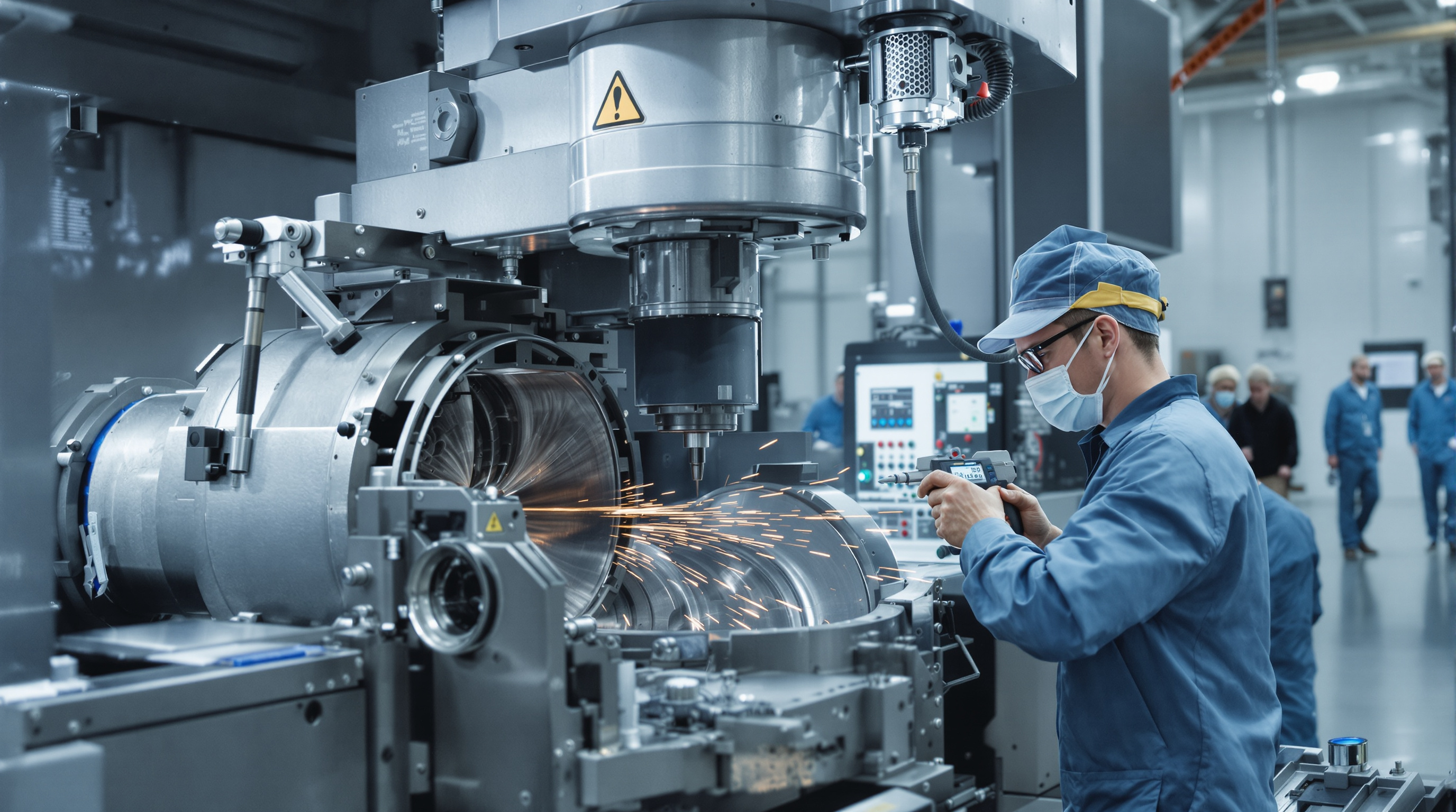 Technician inspecting a turbine blade being machined by a high-tech CNC system in a modern aerospace facility