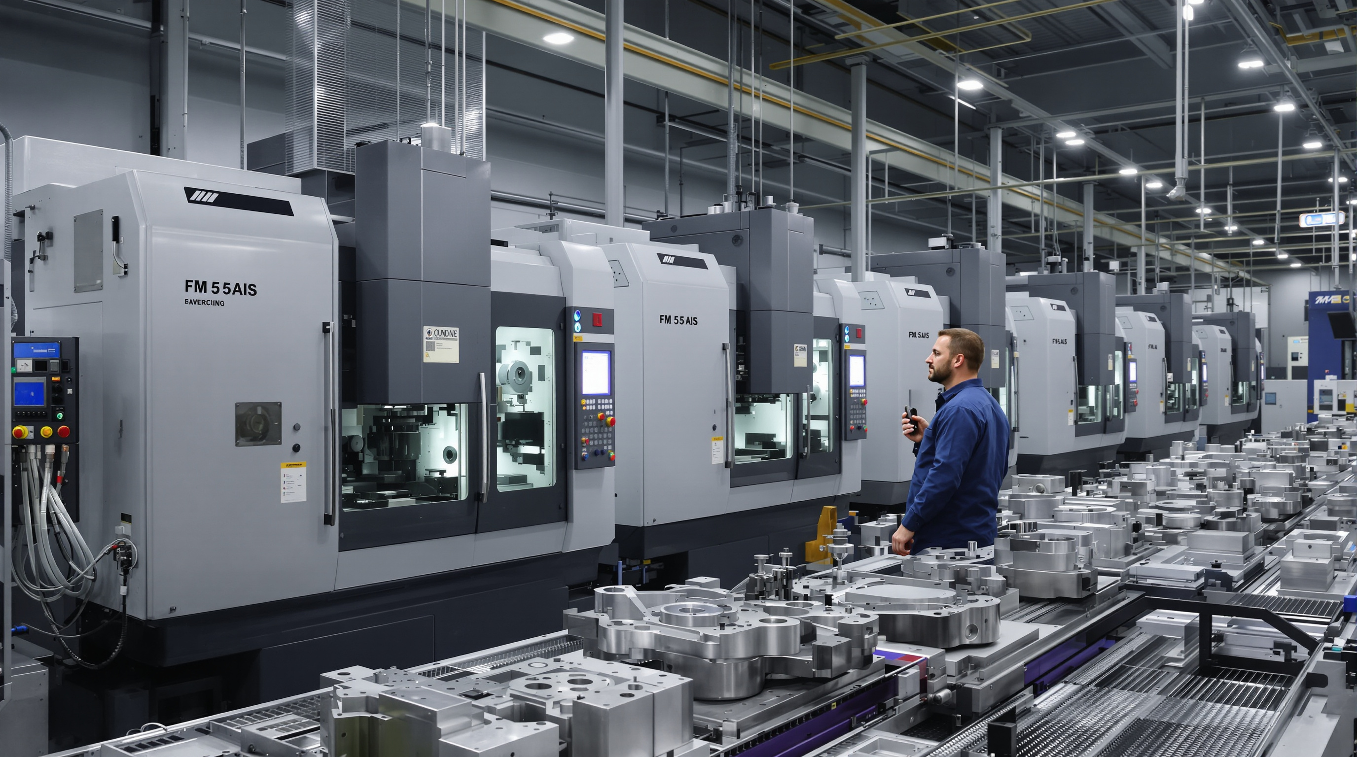 A modern manufacturing line where a technician supervises 5-axis CNC machines processing parts with minimal fixturing.