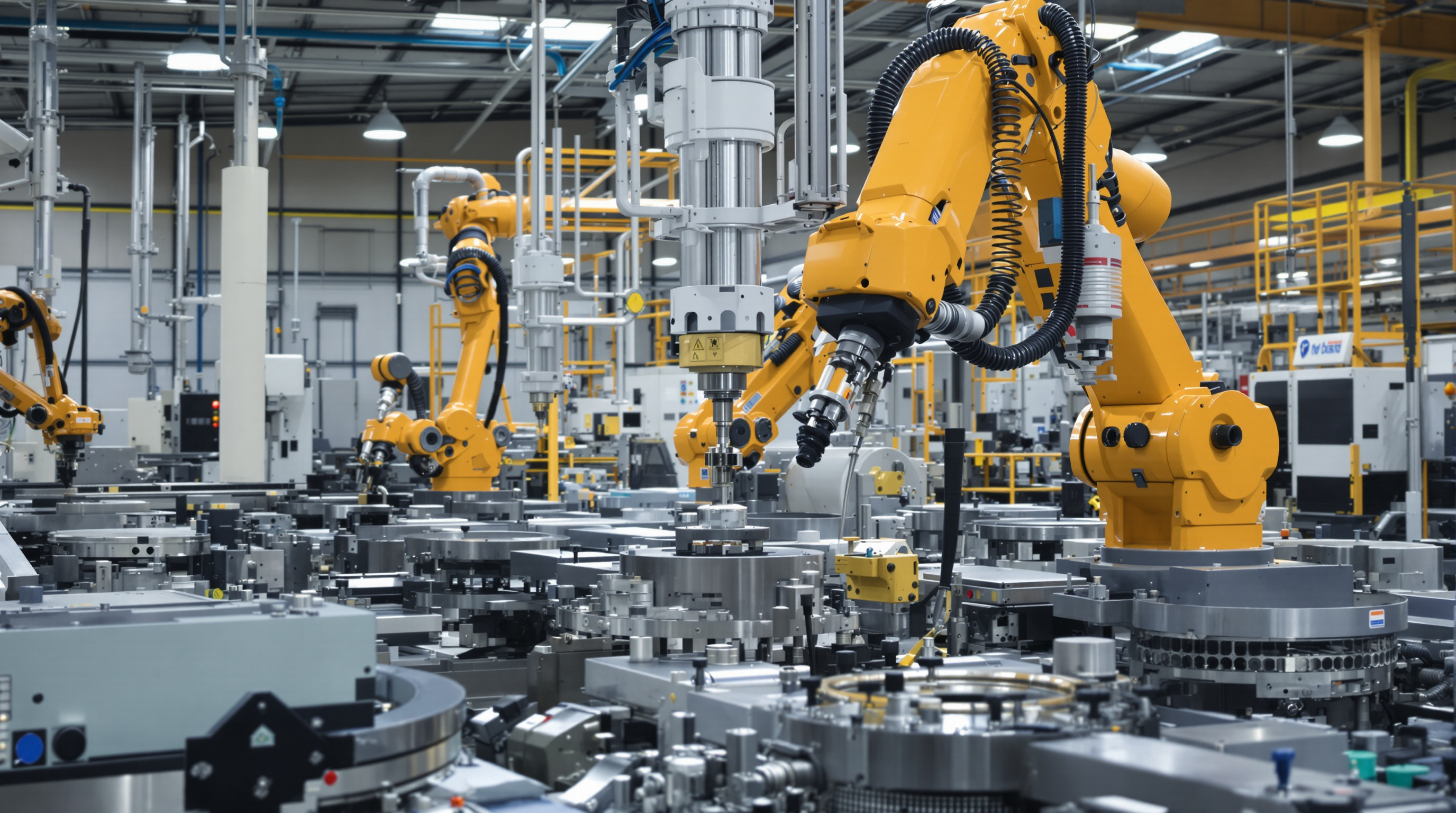 CNC machines operating in a modern factory with robotic arms and precise cutting tools