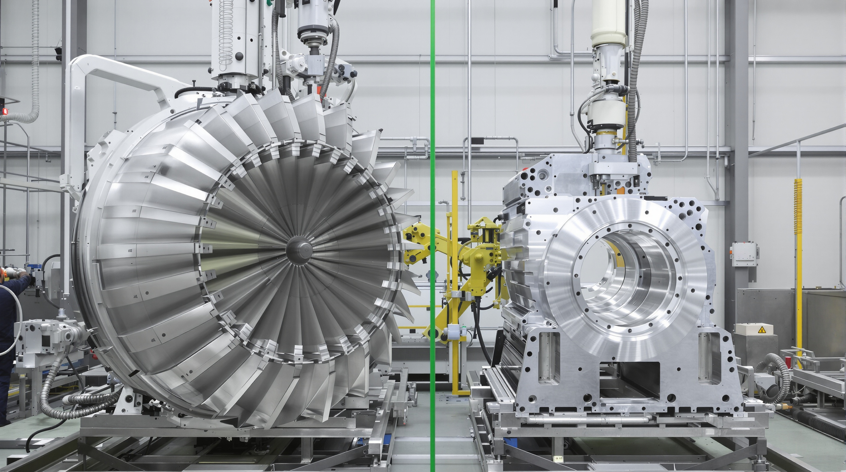 CNC machines producing a wind turbine hub and an automotive engine block in a state-of-the-art workshop