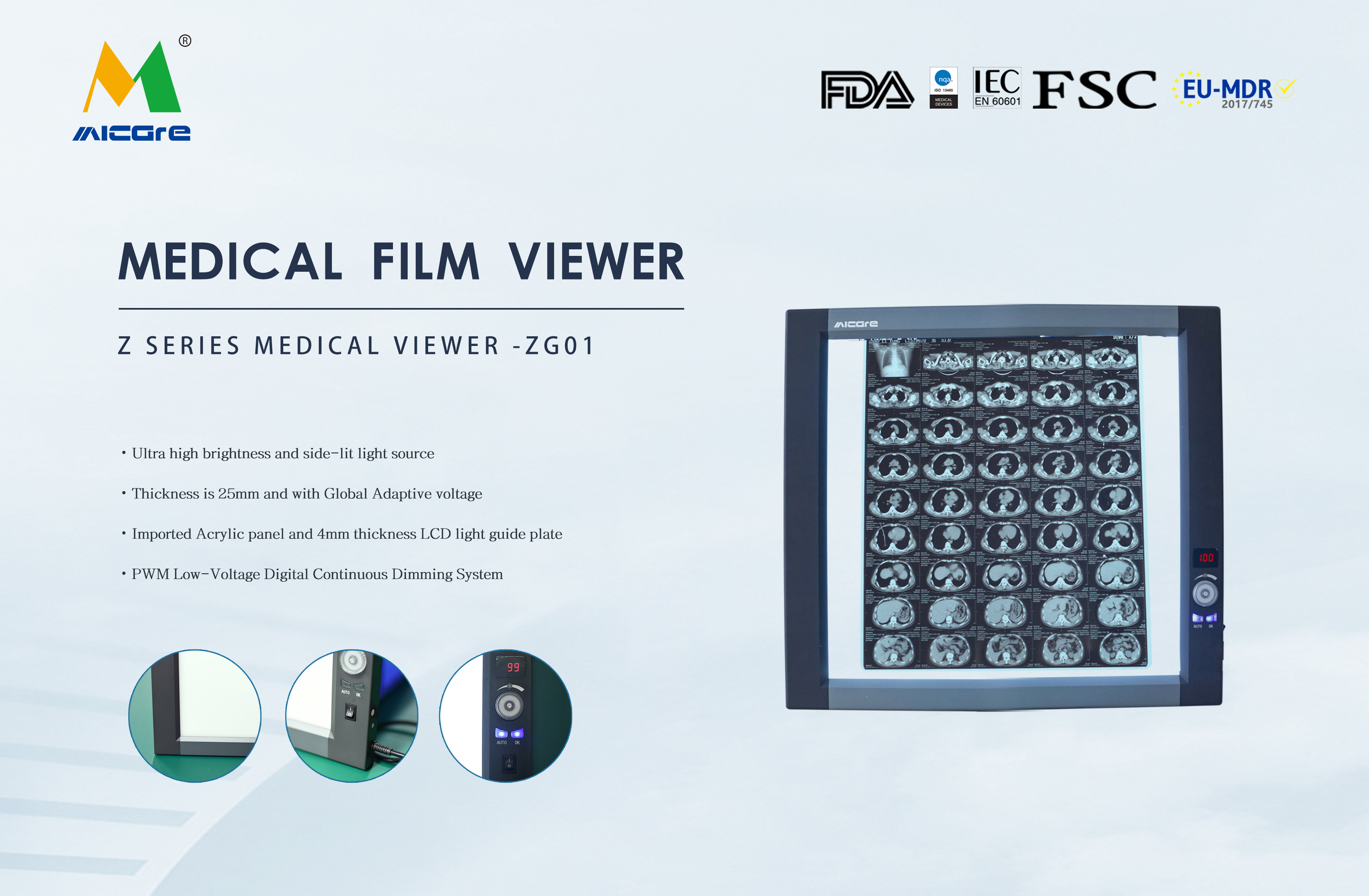 Visionneuse de film médical MICARE Single (ZG-1C) Luminosité Fournisseur de visionneuse de film radiographique simple face le plus vendu