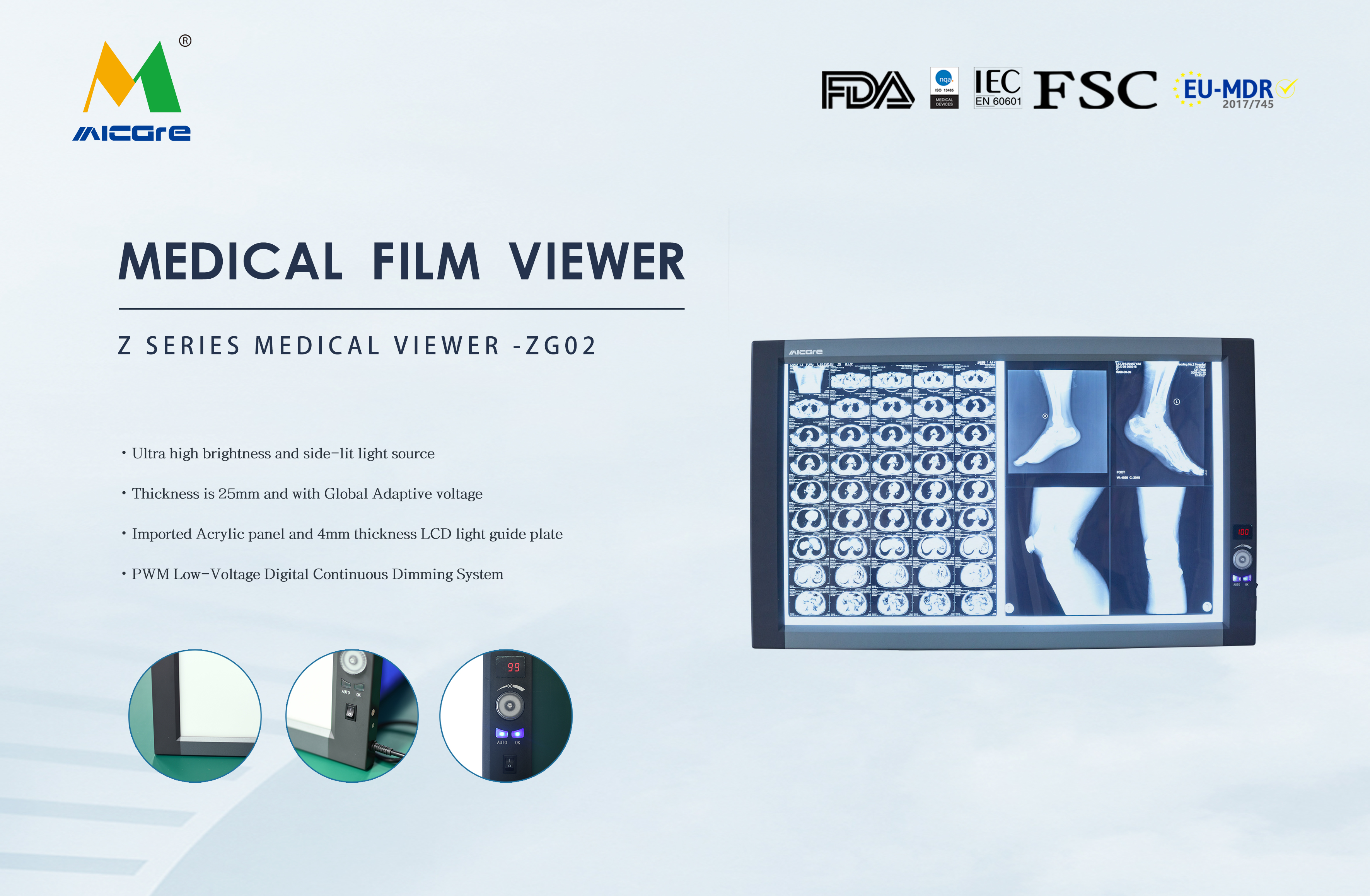 Visionneuse de film radiographique dentaire panoramique à LED MICARE Double (ZG-2C) pour usine de dentisterie