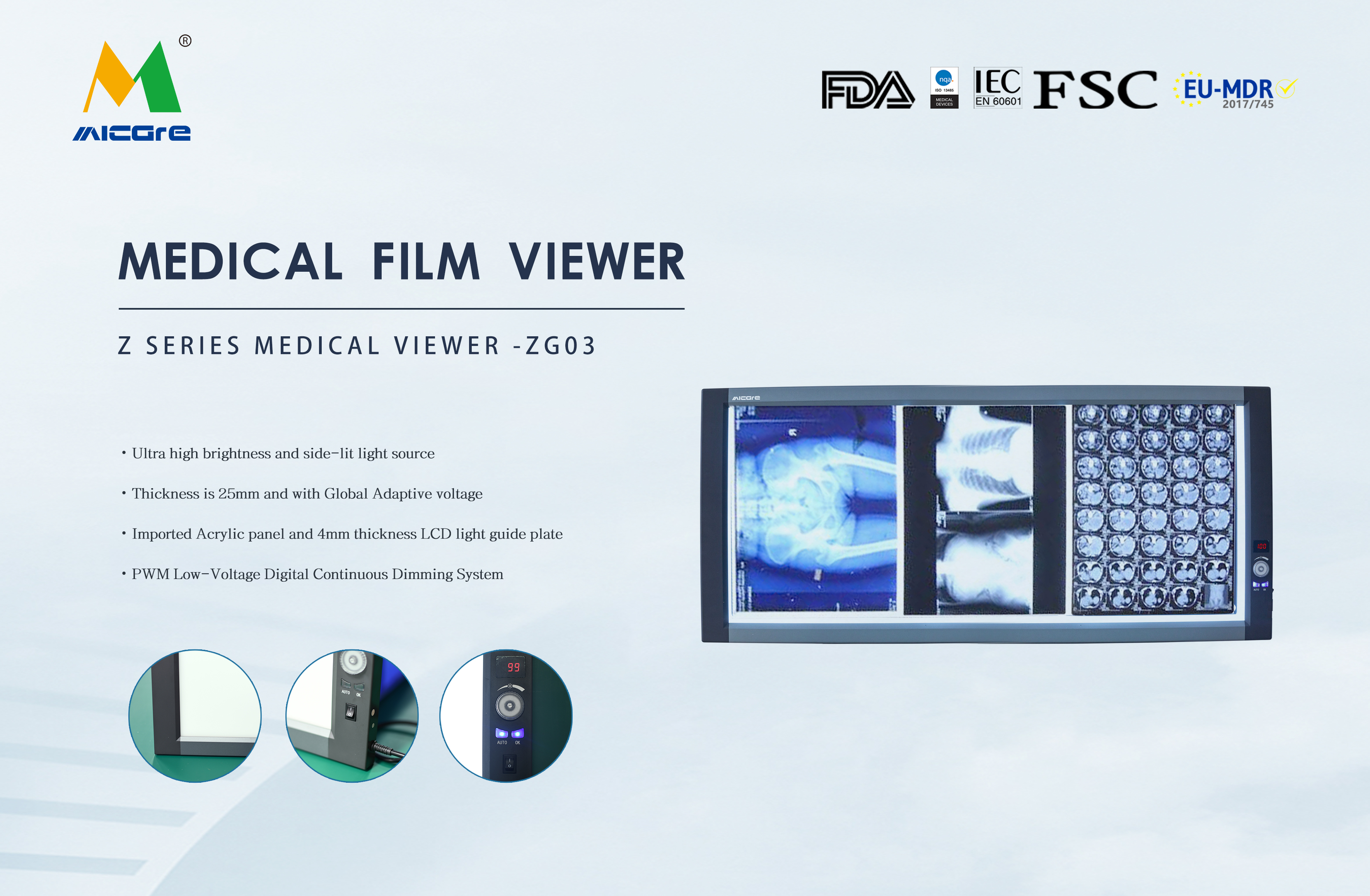 Visionneuse de rayons X à LED MICARE Triple (ZG-3C), miroir négatif, fournisseur multi-écran de visionneuse de films médicaux