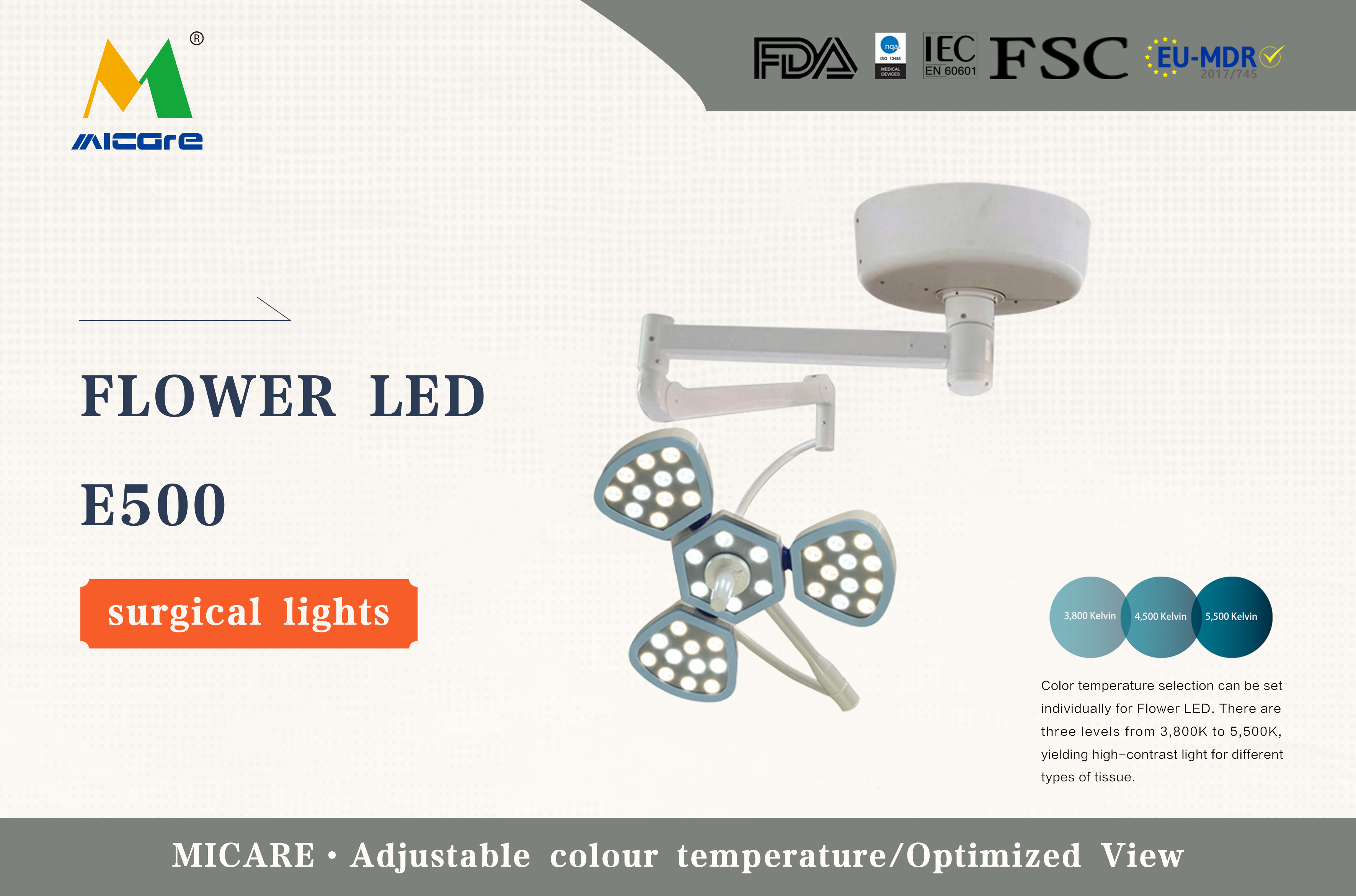 MICARE Flower led E500 LED Single Dome Surgical Lamp Operating Theater OT Light na mga detalye