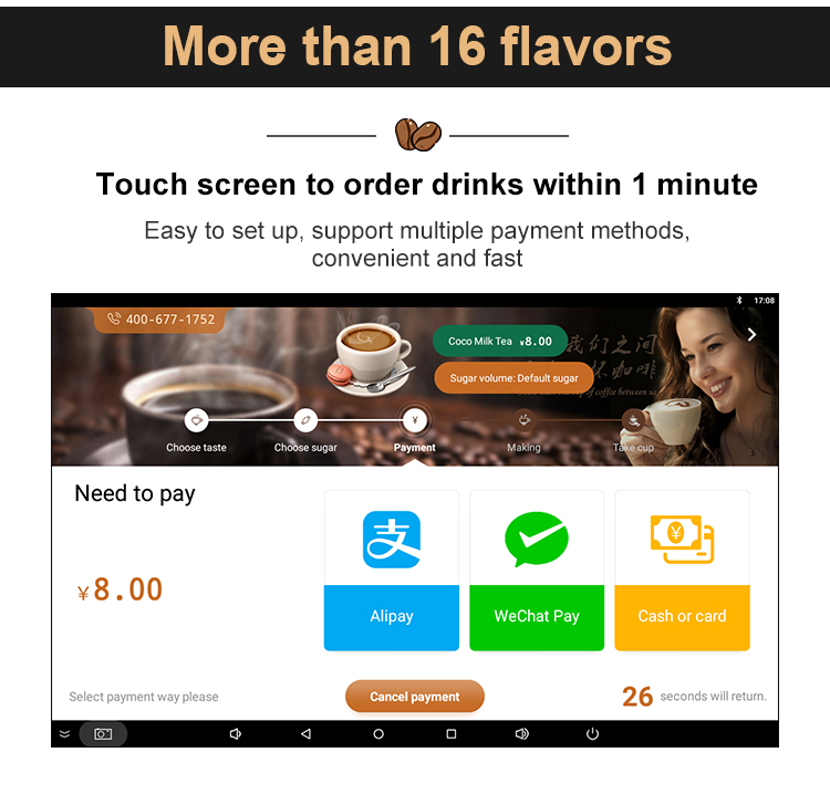 Smart Fully Automatic Self Cup Tea Vending Machine Premix Commercial SDK Carbon Steel Case with Tempered Glass details