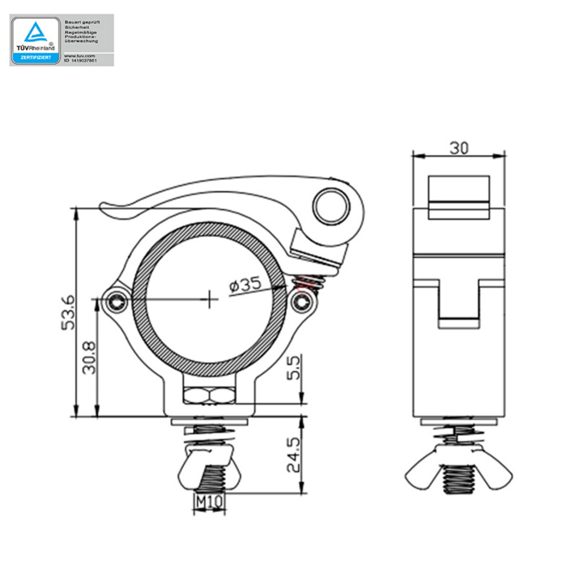 Truss Clamp Mini 360 CJS3501E Silver Black 32-35mm Tube M10x30 Bolt Pitch Thread 1.5 Coarse details