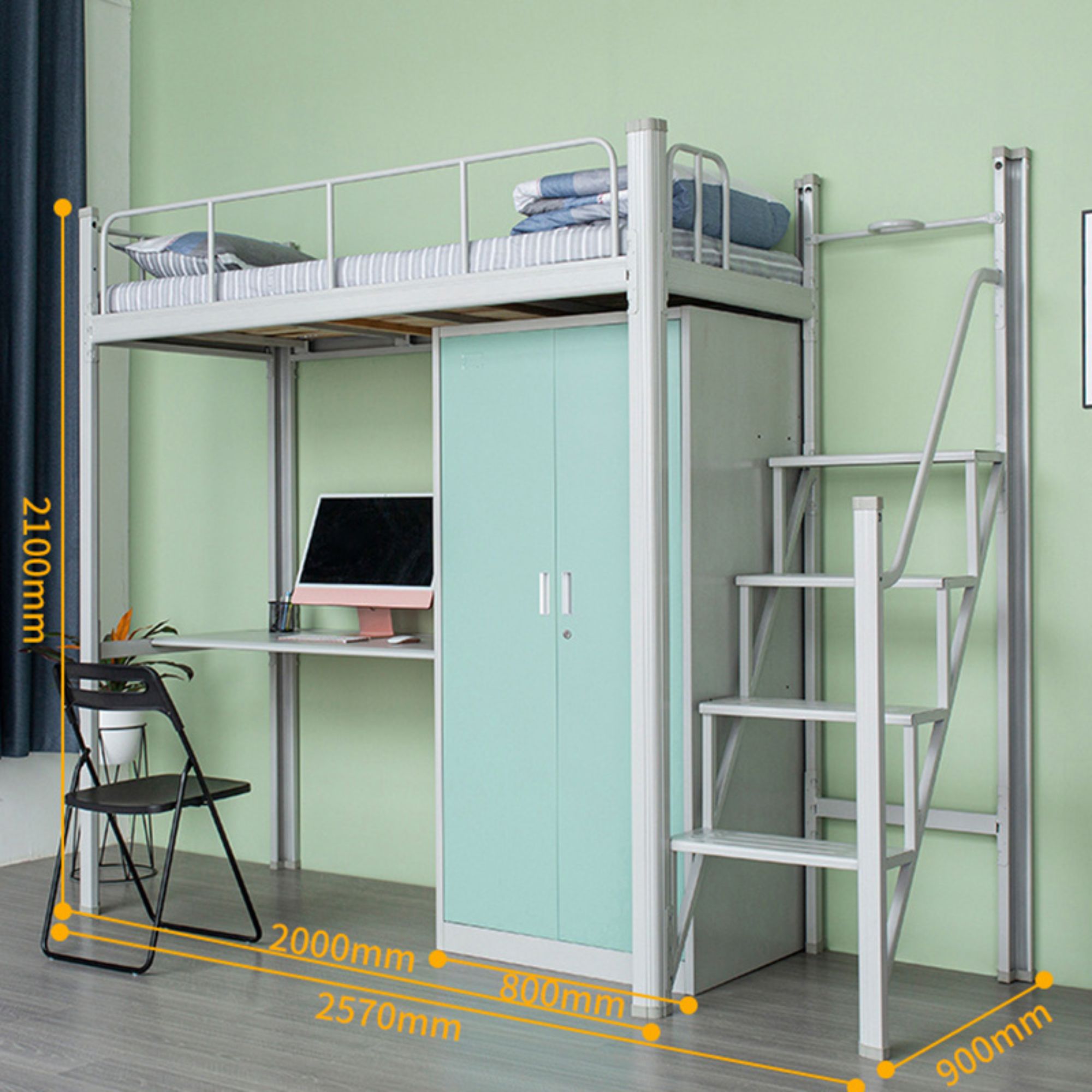 metal loft seng design stål kollegium soveafdeling kassejernseng med skrivebord og skab