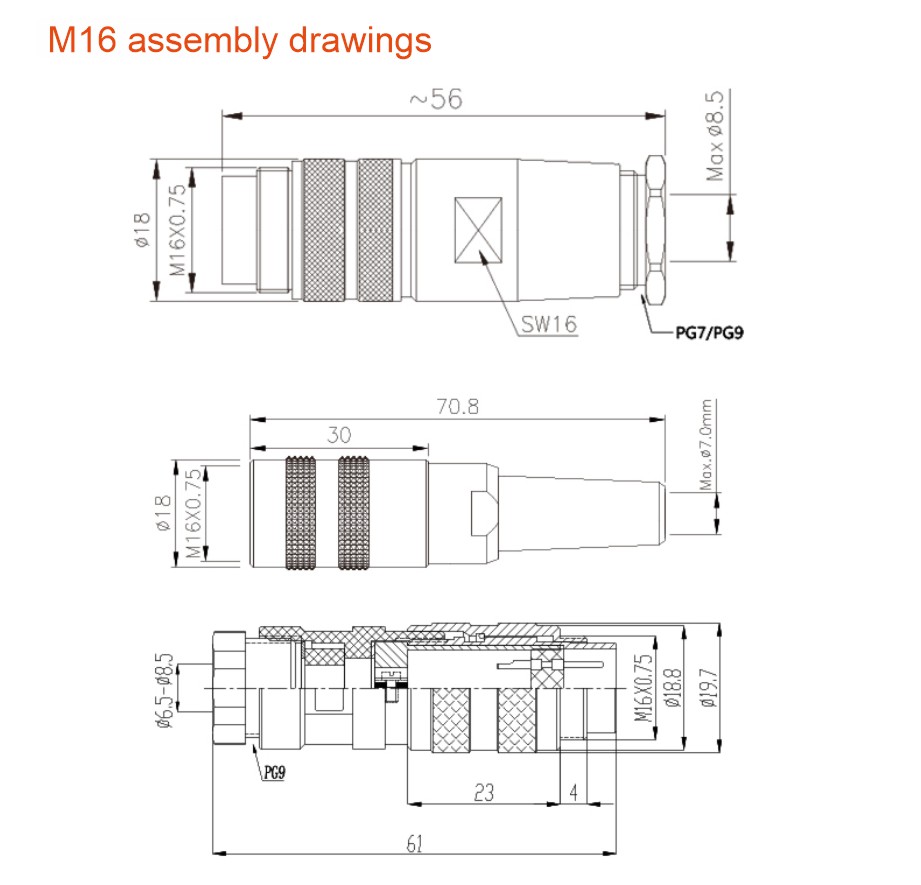 Threaded screw connector M16 male panel mount connector Screw Type with Power Cable Wire manufacture