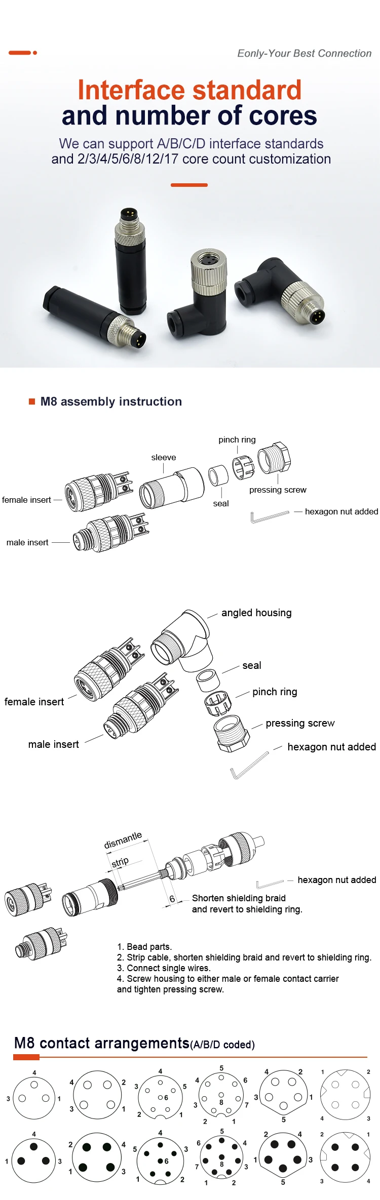 Custom 3 4 5 8 12 17 Pin M12 Assembly Connector Male Female Waterproof 3Pin 4Pin 5Pin 8Pin 12Pin 17Pin M12 Connector manufacture