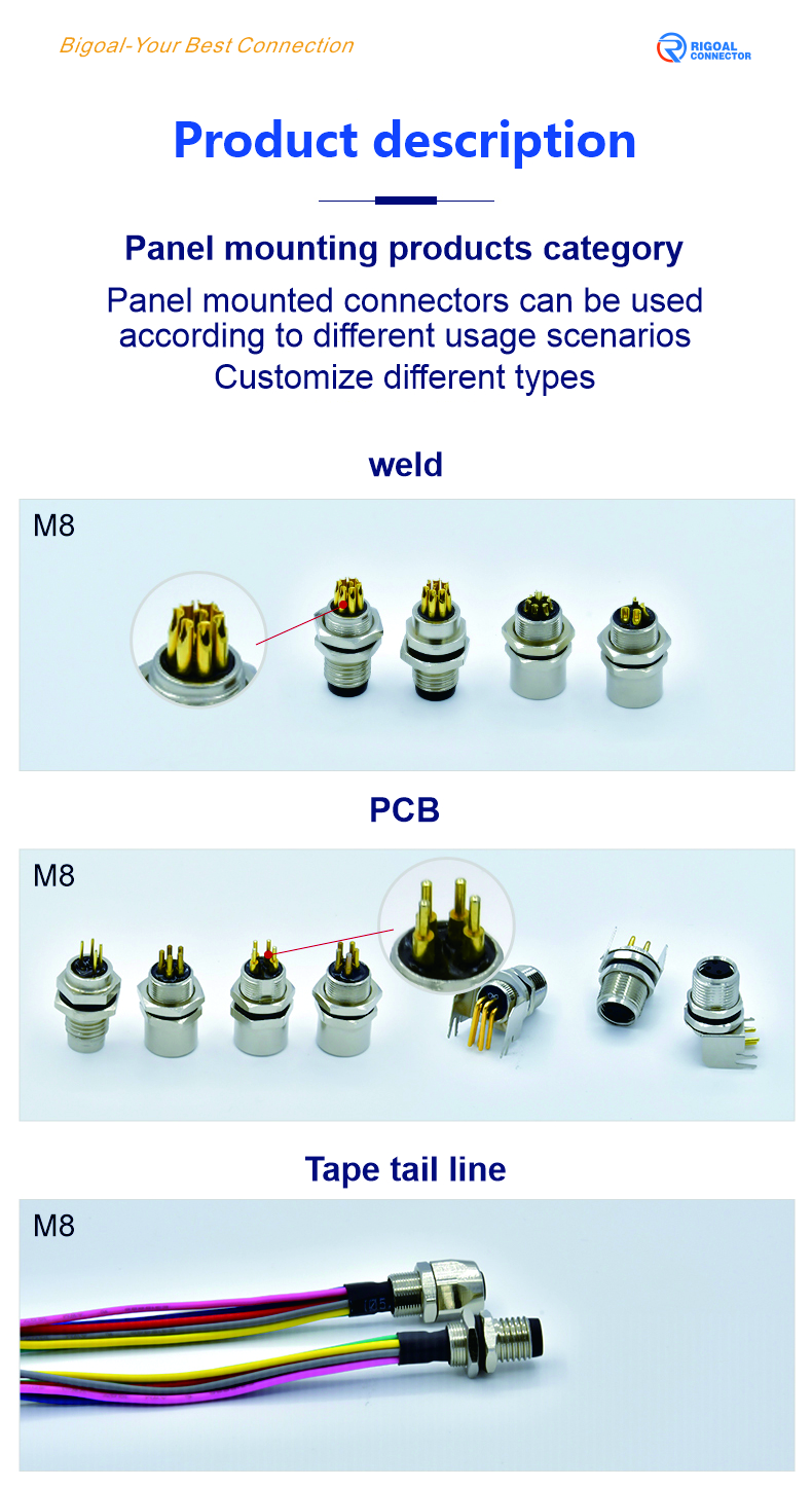 Circular 3-8 pin female socket PCB right angle M8 panel mount connector PCB type manufacture