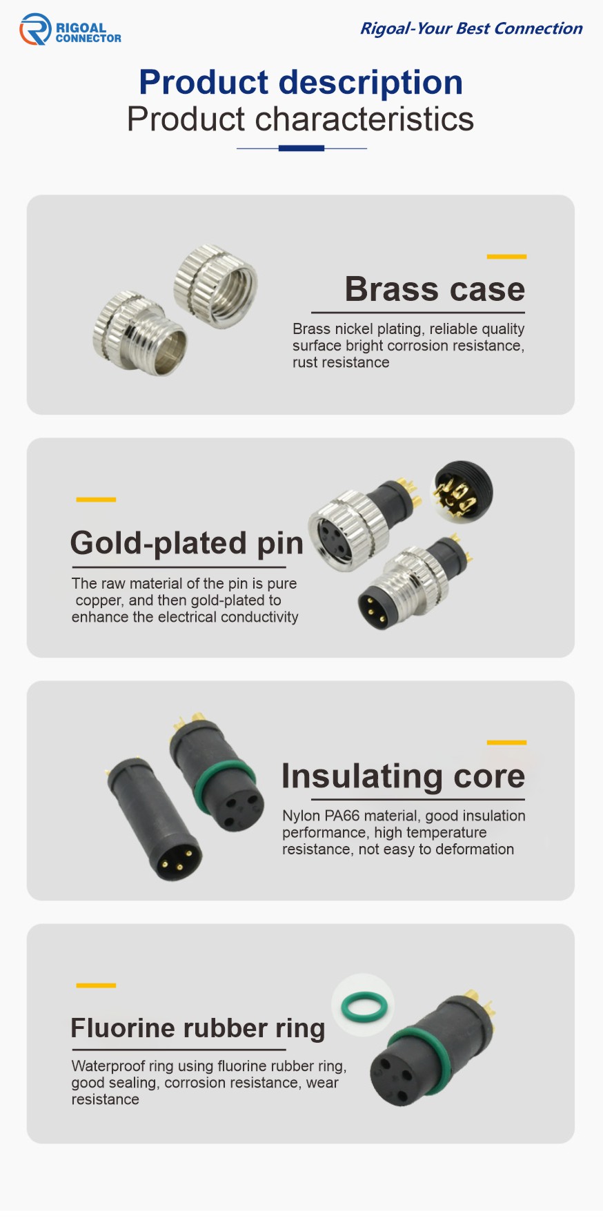 Rigoal M12 A Code Male Female 3 4 5 8 12 17 Pin Plug connector Panel Mount Solder pcb Automation Waterproof Connector factory