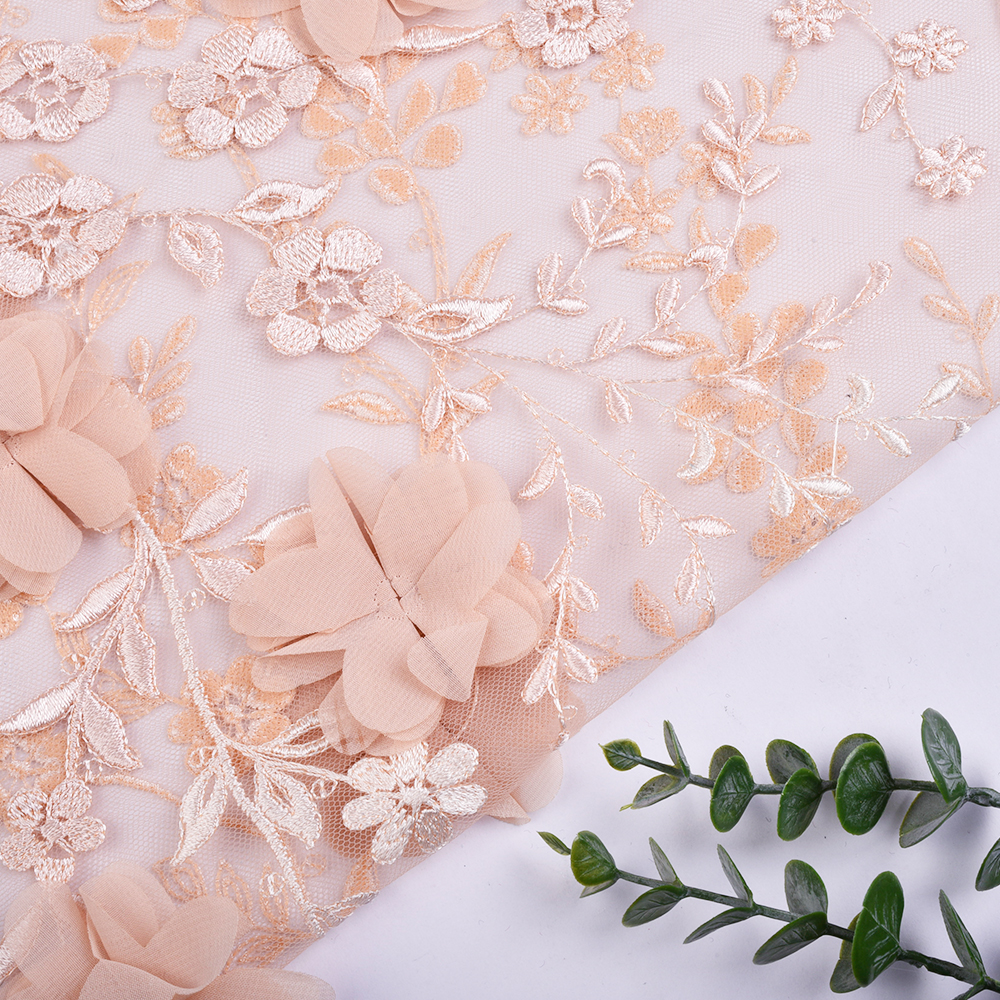 שישת 3D יד של פרח על בד רשת לשמלה חתונה, שמלה מסיבה, שמלה ערב, שמלה מודרנית