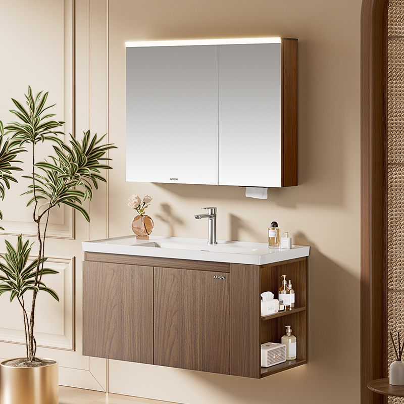 ARROW Badezimmerschrank mit Nussbaumholz und einteiliger Keramikspüle & LED-Beleuchtung
