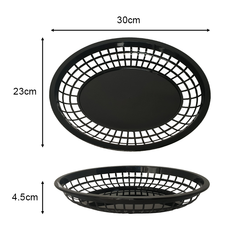 12" x 9" x 1 3/4" Oval Fast Food Basket, Polypropylene, Black, SE3019BK