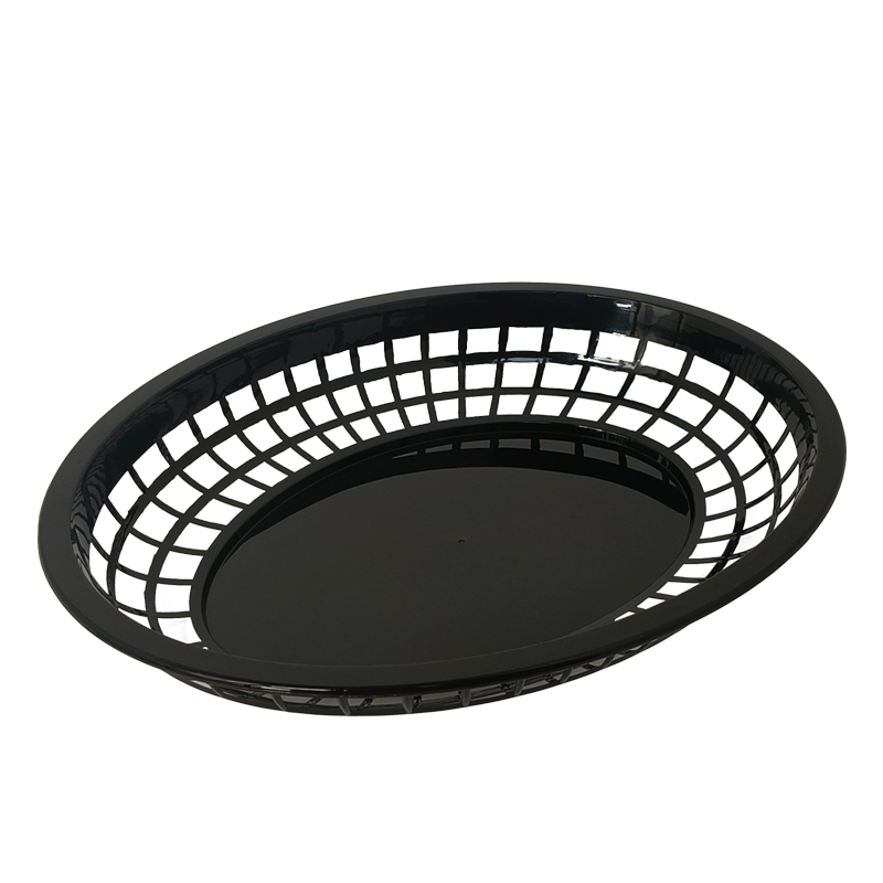 12" x 9" x 1 3/4" Oval Fast Food Basket, Polypropylene, Black, SE3019BK