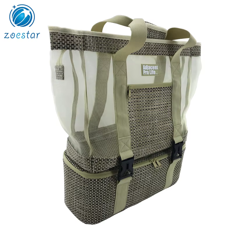 2 in 1 ladies big knitted nylon mesh tote shoulder bag with cooler compartment daily office beach shopping bag-4