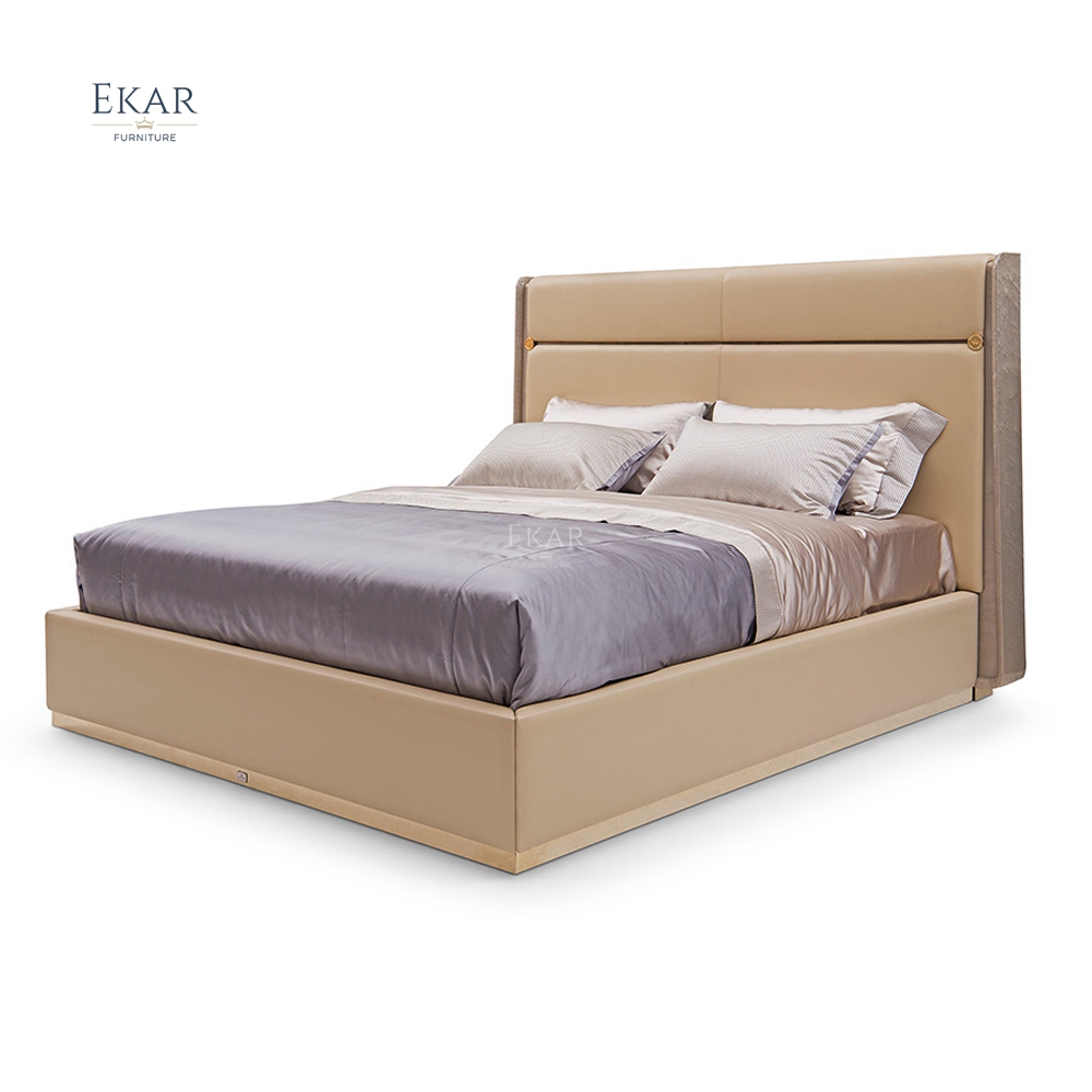 Gold Brushed Metal Lacquer Logo Bed - Premium Quality Bedroom Furniture