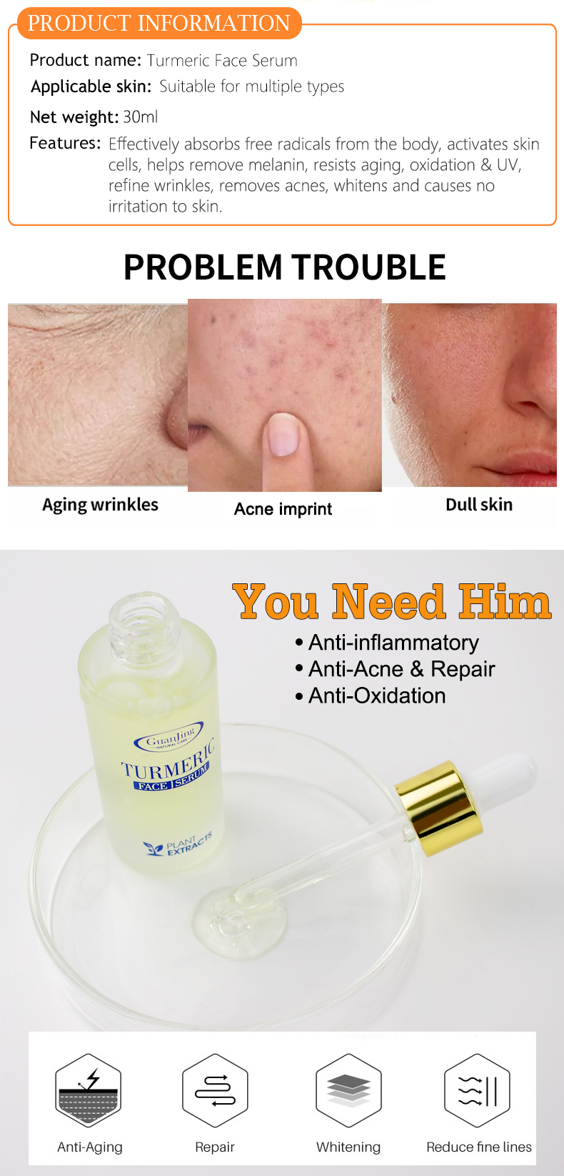 GJ7052 Guanjing Organic Turmeric Face Serum - 30ml, Anti-Acne, Anti-Aging & Wrinkle Repair, Melanin Removal, Skin Brightening & UV Protection Serum for Women manufacture