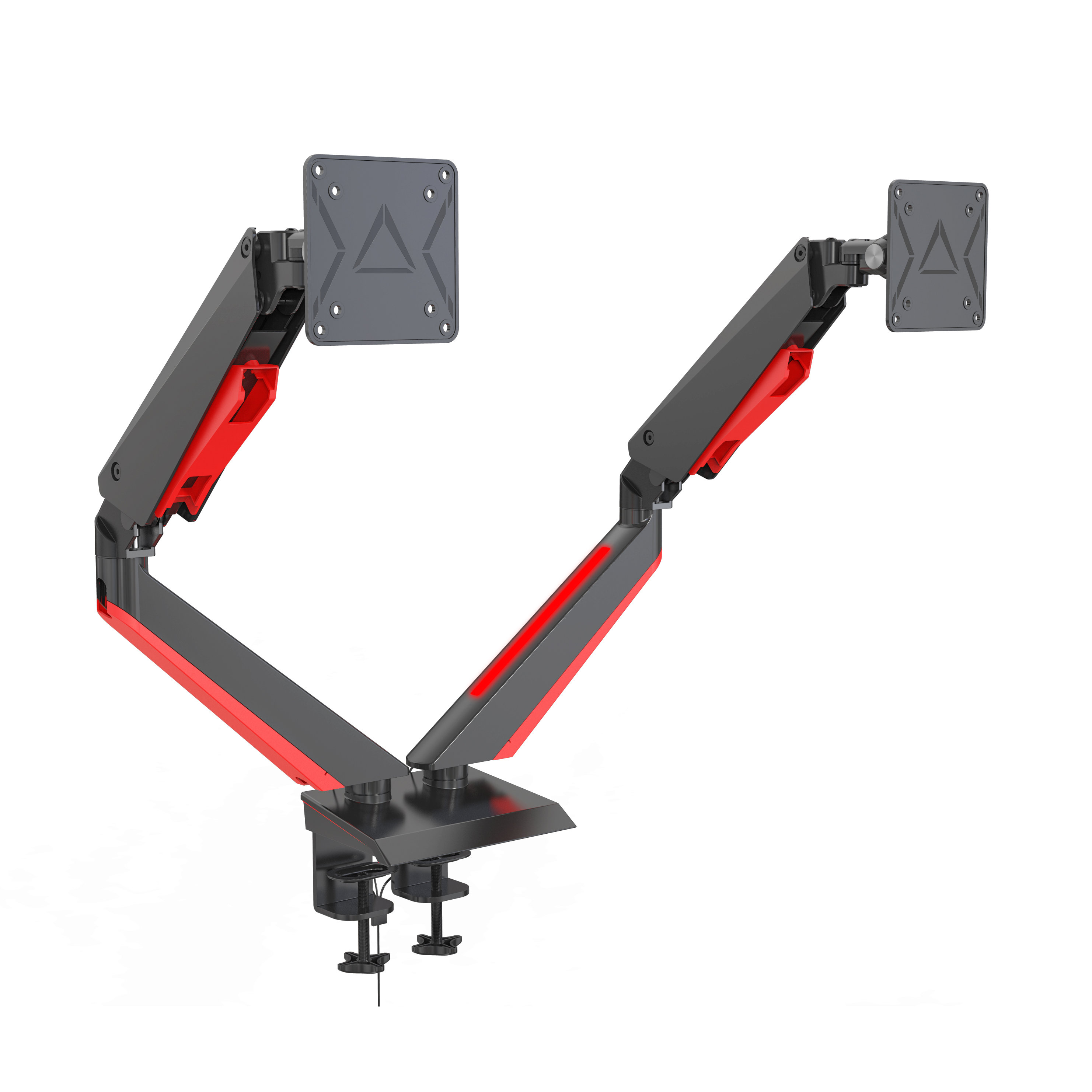 Height Adjustable Dual Arm Monitor Stand with Gas Spring & RGB Lighting – V-MOUNTS VM-GE44-RGB