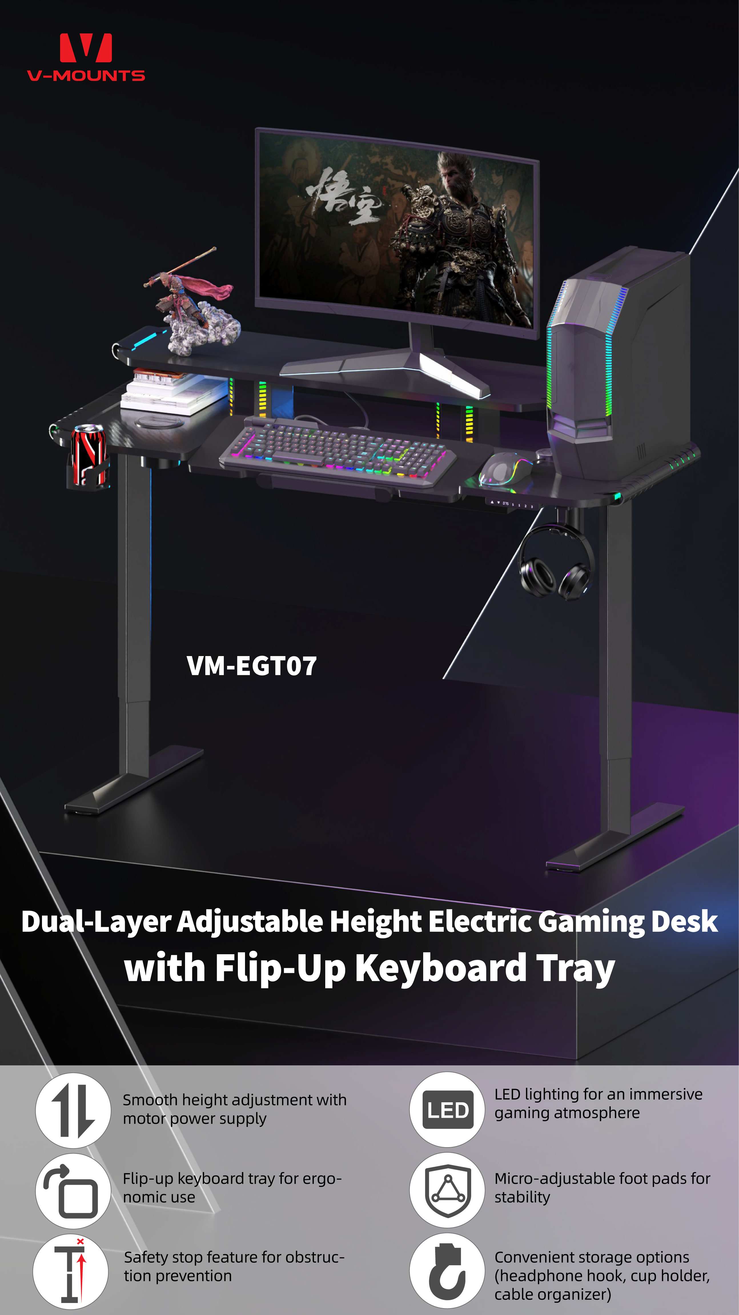 V-MOUNTS Electric Height Adjustable Gaming Desks EGT07