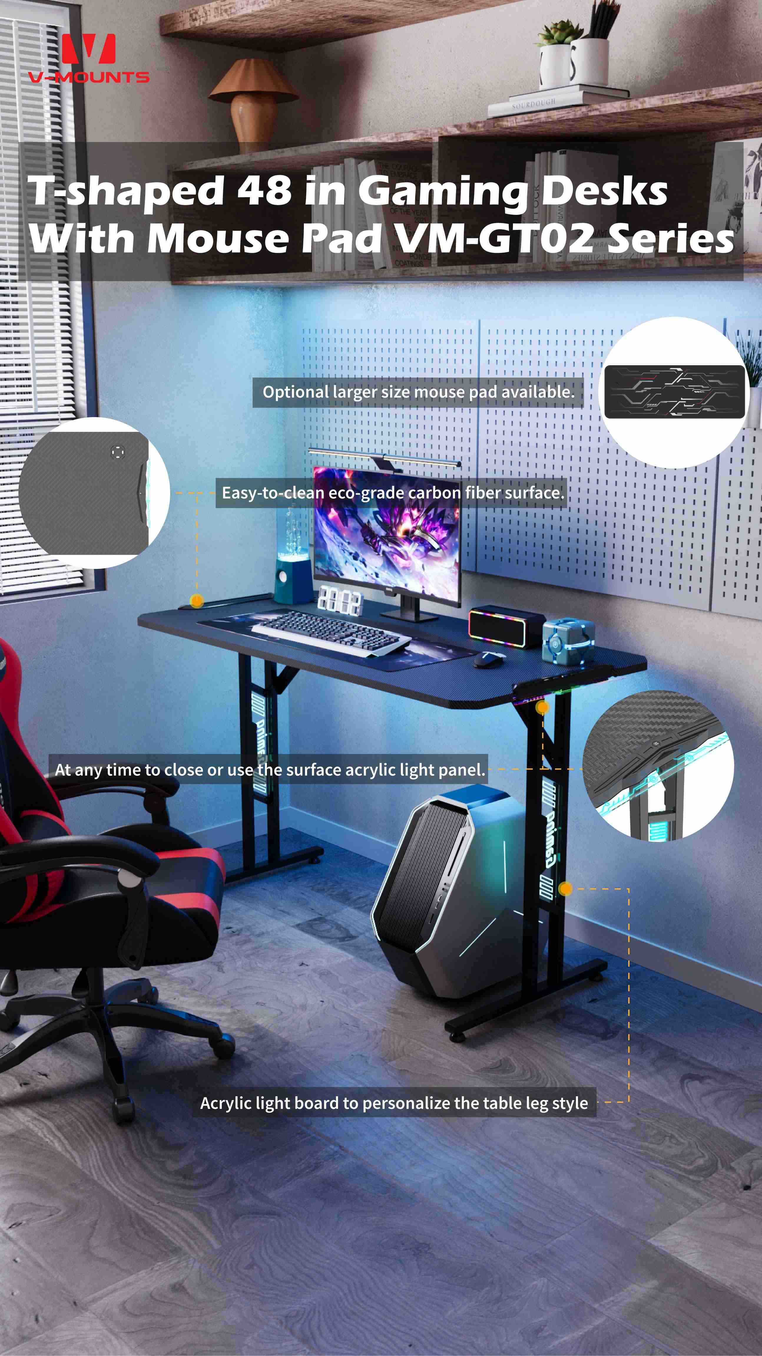 V-MOUNTS Fixed Height Gaming Desks GT02 series